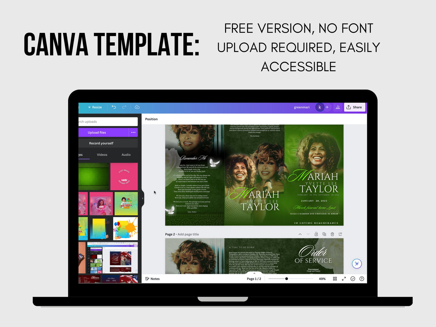 17"x11" FUNERAL OBITUARY TEMPLATE (2 pages) |Elegant Style Funeral Program | Celebration of Life |Women Greeen Obituary |Canva Template