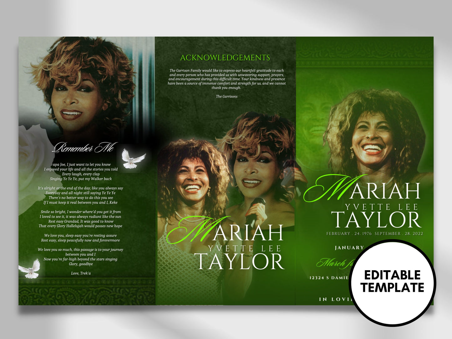 17"x11" FUNERAL OBITUARY TEMPLATE (2 pages) |Elegant Style Funeral Program | Celebration of Life |Women Greeen Obituary |Canva Template