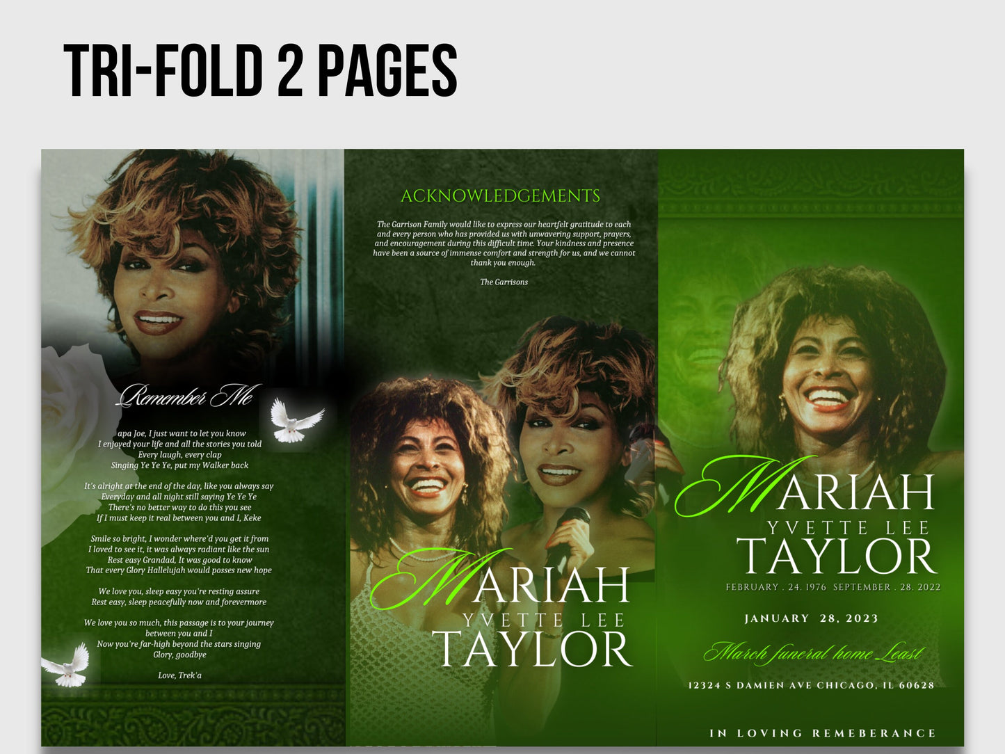 17"x11" FUNERAL OBITUARY TEMPLATE (2 pages) |Elegant Style Funeral Program | Celebration of Life |Women Greeen Obituary |Canva Template