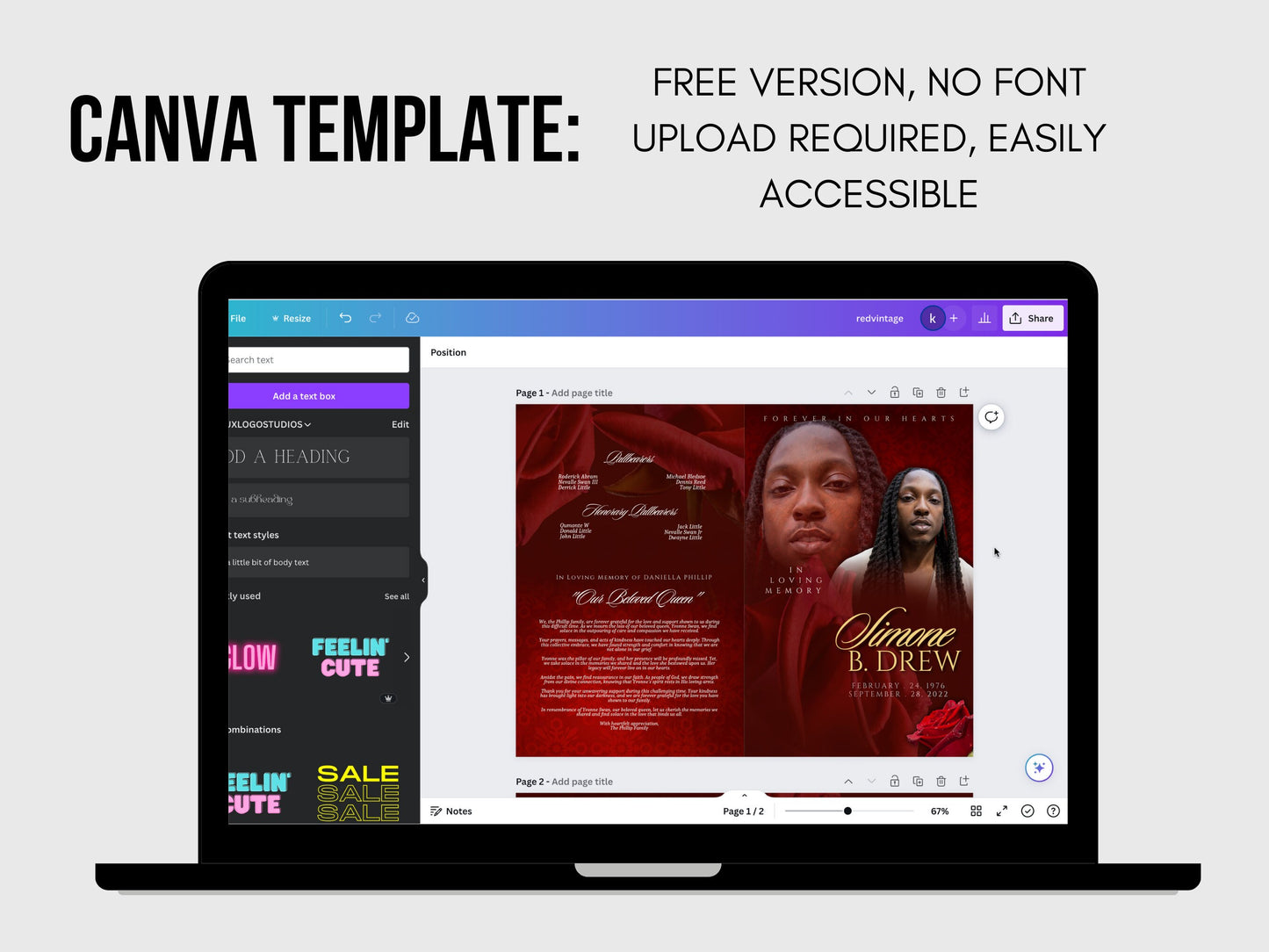 5.5"x8.5" BOOKLET Memorial program (4 pages)| Red Style Funeral Program |Celebration of Life |Keepsake |Digital Download |Canva Template