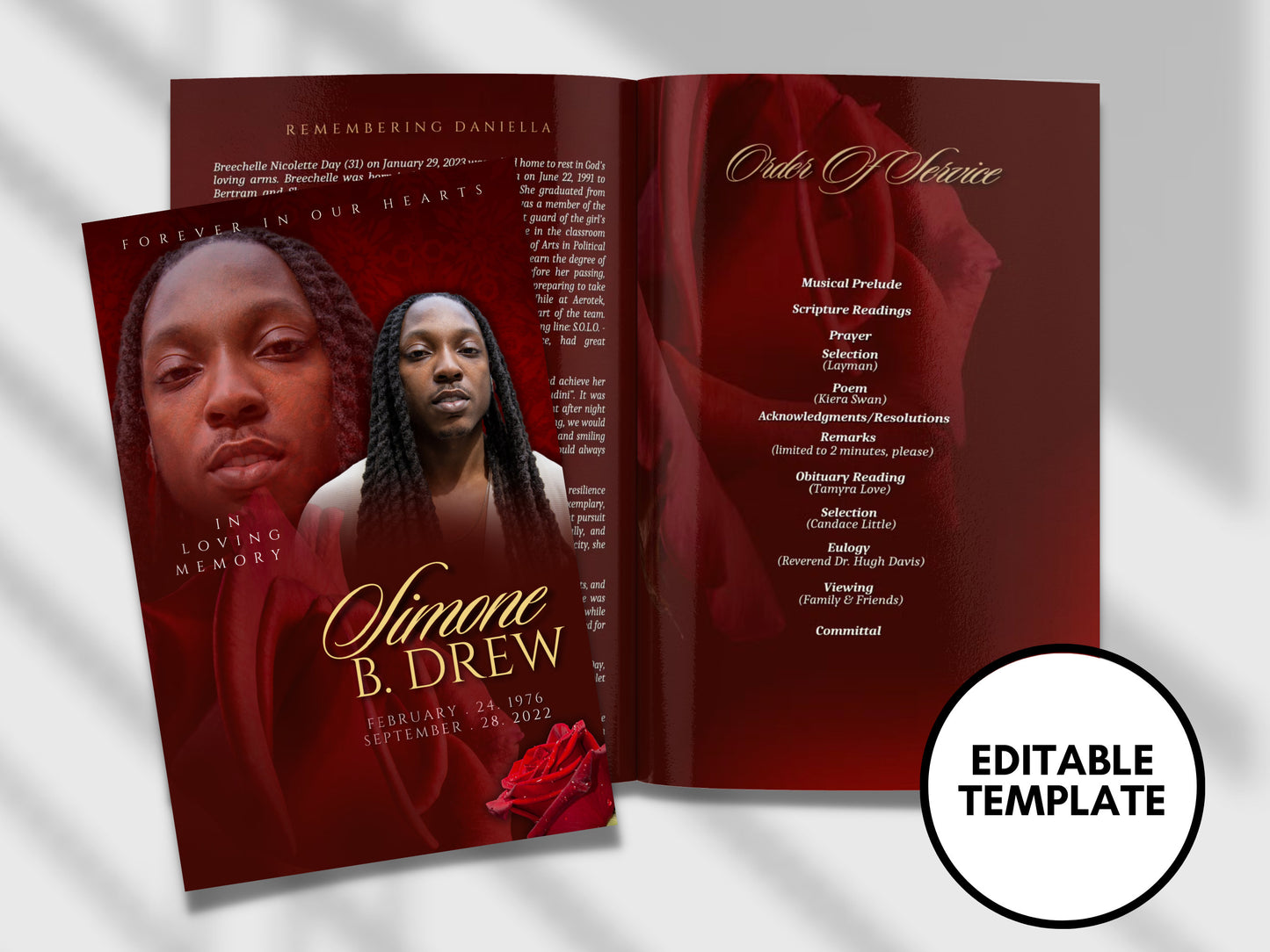 5.5"x8.5" BOOKLET Memorial program (4 pages)| Red Style Funeral Program |Celebration of Life |Keepsake |Digital Download |Canva Template