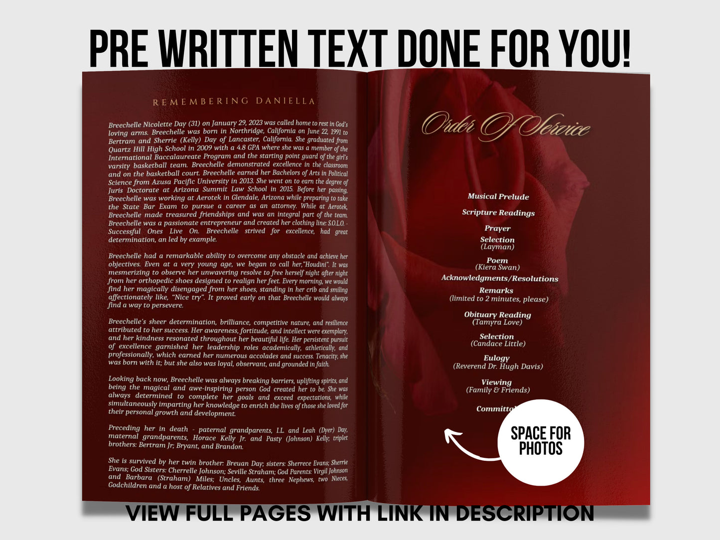 5.5"x8.5" BOOKLET Memorial program (4 pages)| Red Style Funeral Program |Celebration of Life |Keepsake |Digital Download |Canva Template