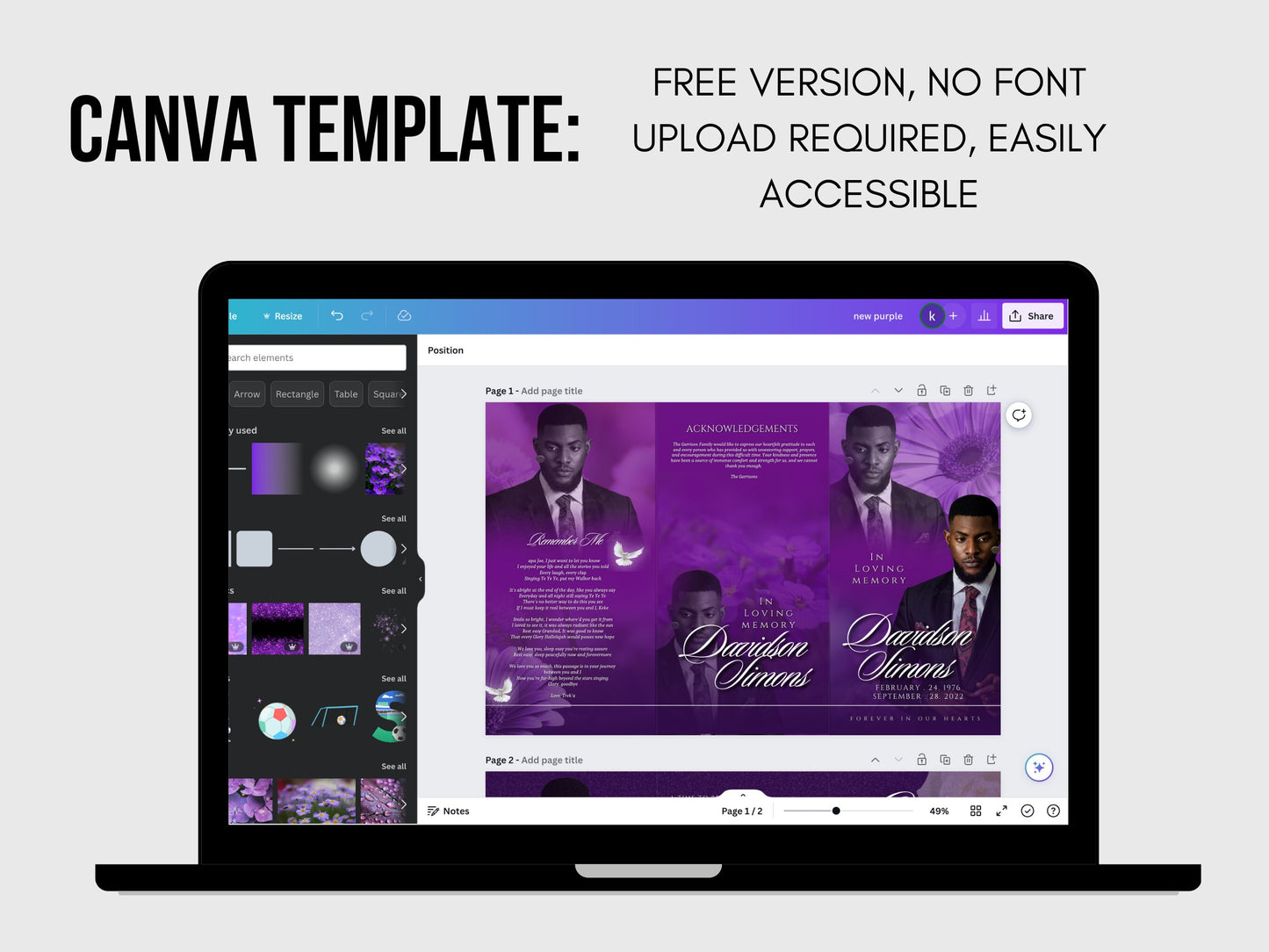 17"x11" FUNERAL OBITUARY TEMPLATE (2 pages) |Purple, Lily Funeral Program | Celebration of Life |Classy Obituary |Canva Template