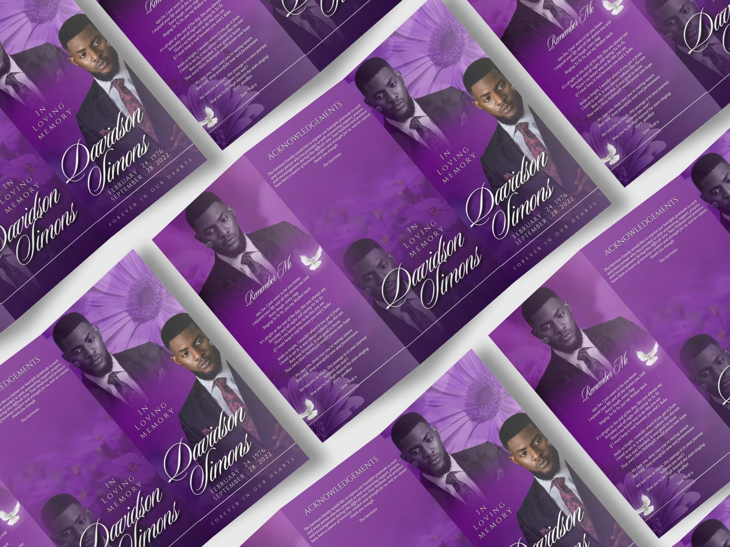 17"x11" FUNERAL OBITUARY TEMPLATE (2 pages) |Purple, Lily Funeral Program | Celebration of Life |Classy Obituary |Canva Template