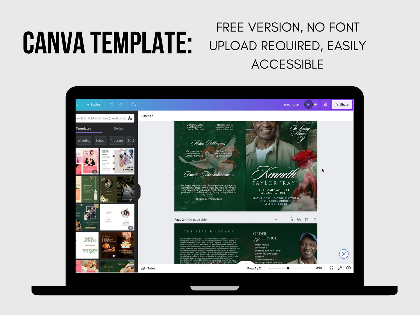5.5"x8.5" BOOKLET Memorial program (4 pages)| GREEN Style Funeral Program |Celebration of Life |Keepsake |Digital Download |Canva Template