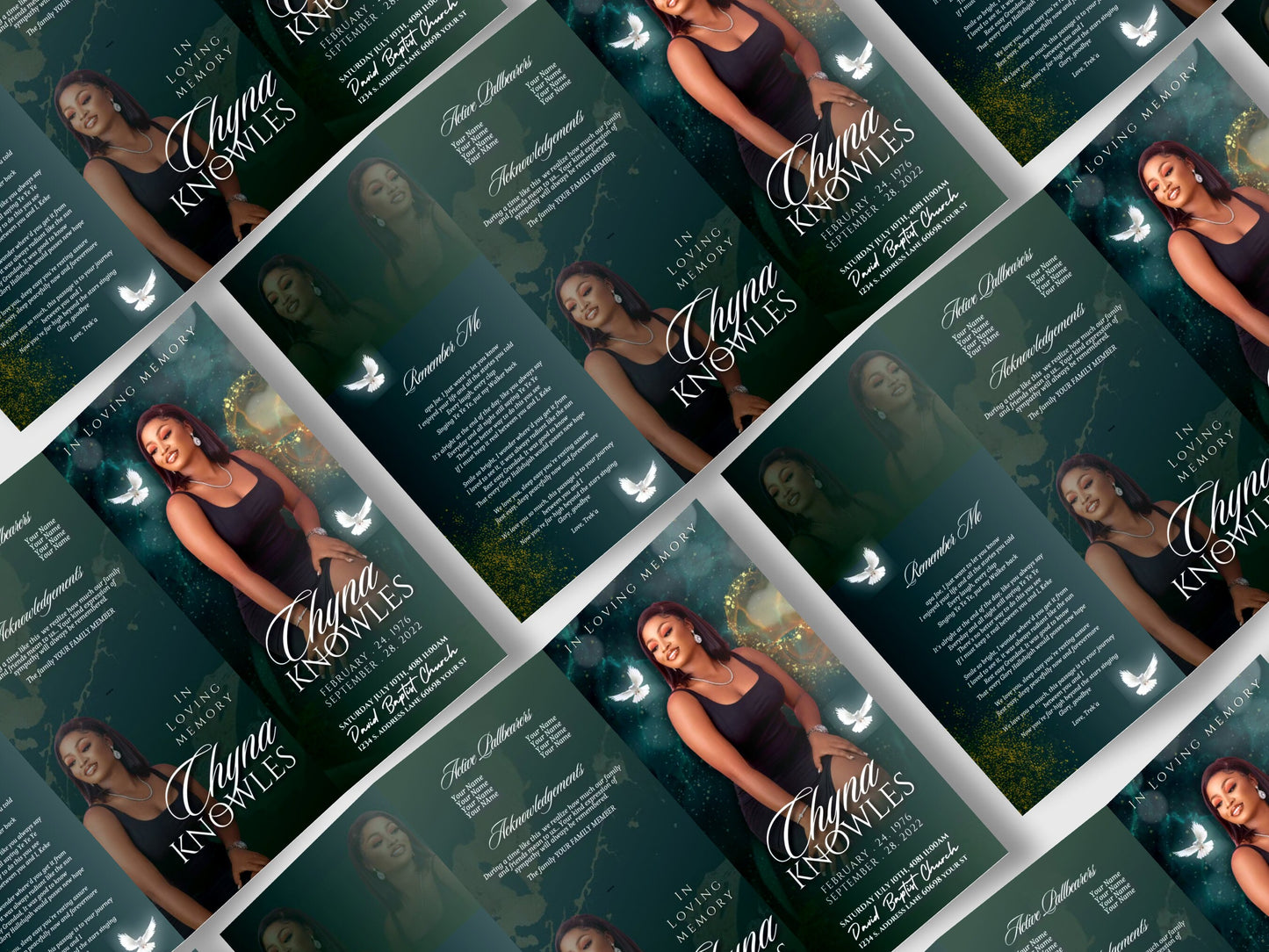 17"x11" FUNERAL PHAMPLET (2 pages) |Emerald Green | In Loving Memory |Classy Obituary | Editable Canva Template
