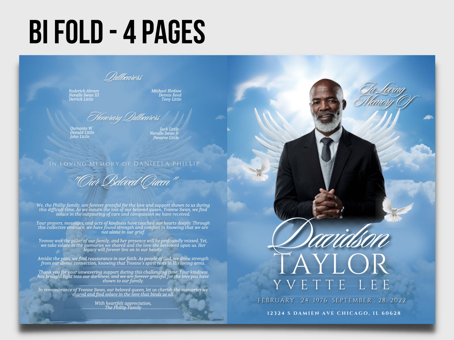 8.5"x11" BOOKLET Memorial program (4 pages)| BLUE HEAVENLY Cloud Style Funeral Program |Celebration of Life |Keepsake |Digital Download
