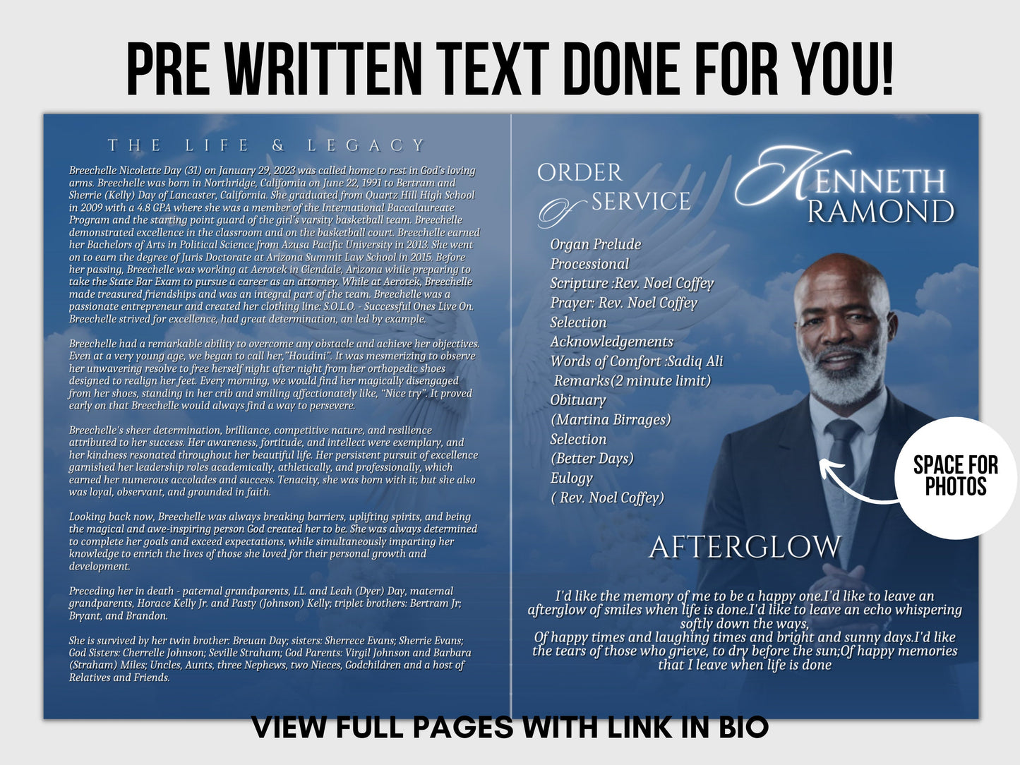 8.5"x11" BOOKLET Memorial program (4 pages)| BLUE HEAVENLY Cloud Style Funeral Program |Celebration of Life |Keepsake |Digital Download
