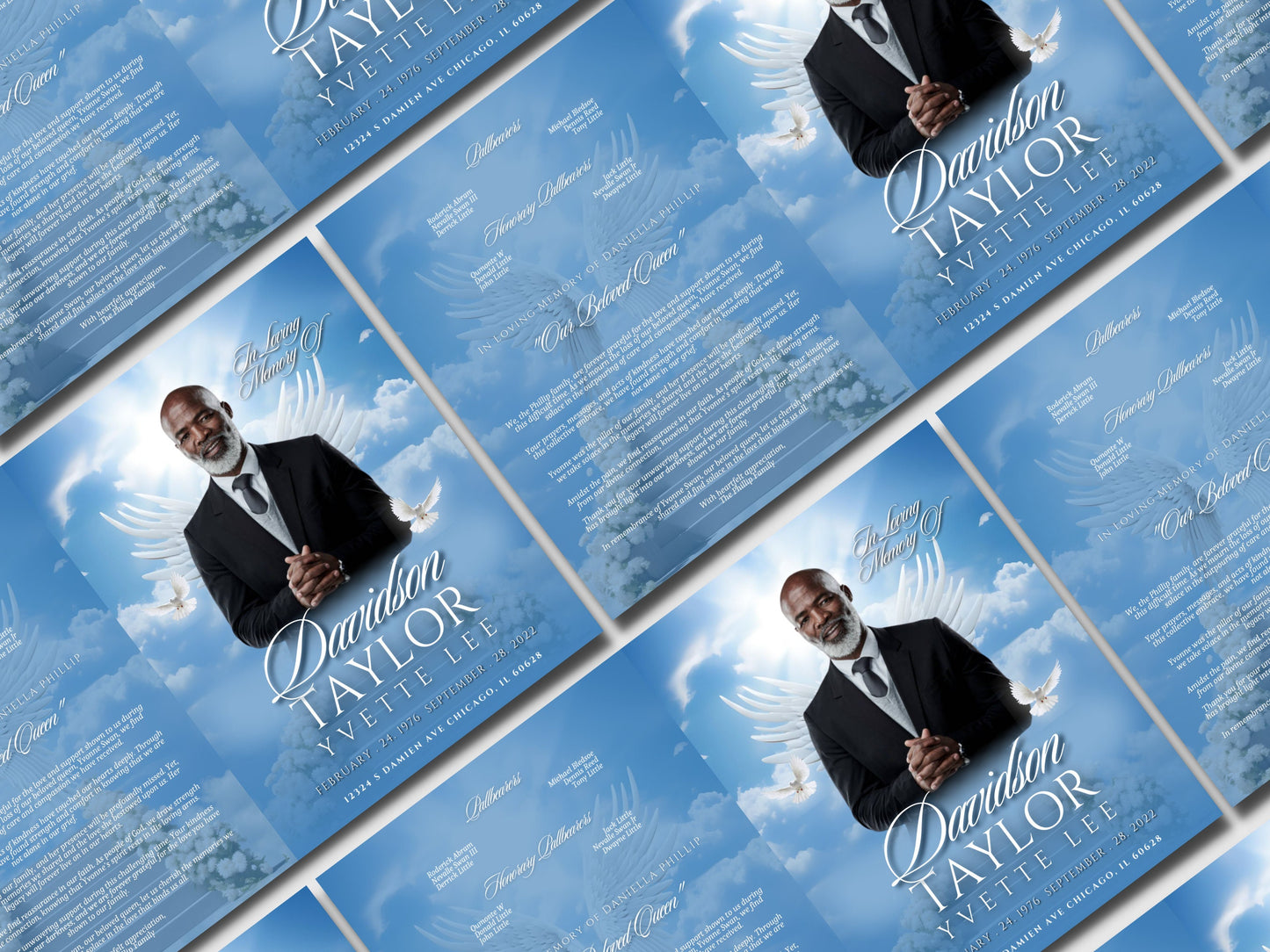 8.5"x11" BOOKLET Memorial program (4 pages)| BLUE HEAVENLY Cloud Style Funeral Program |Celebration of Life |Keepsake |Digital Download