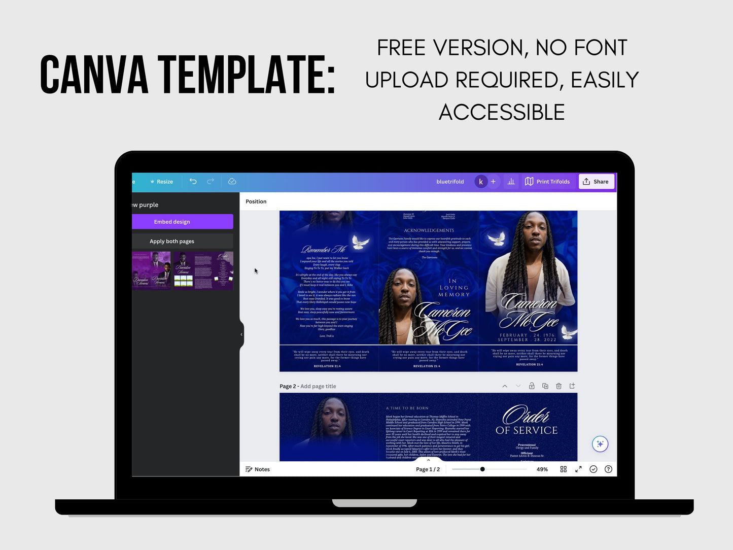 17"x11" FUNERAL OBITUARY TEMPLATE (2 pages) |Blue Rose Funeral Program | Celebration of Life |Classy Obituary |Canva Template