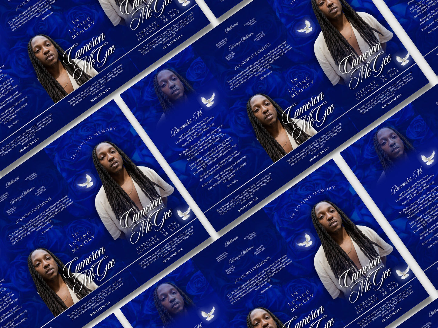 17"x11" FUNERAL OBITUARY TEMPLATE (2 pages) |Blue Rose Funeral Program | Celebration of Life |Classy Obituary |Canva Template