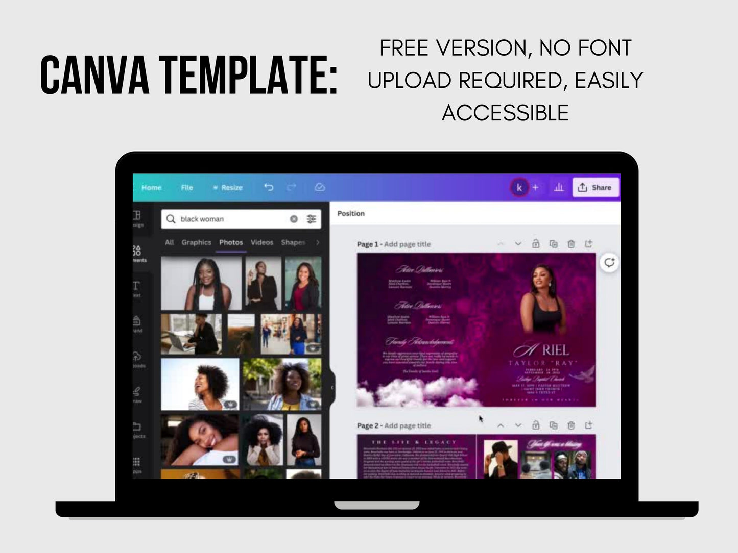 8.5"x11" BOOKLET Memorial program (8 pages) | Purple Funeral Program |Celebration of Life |Keepsake |Digital Download |Canva Template