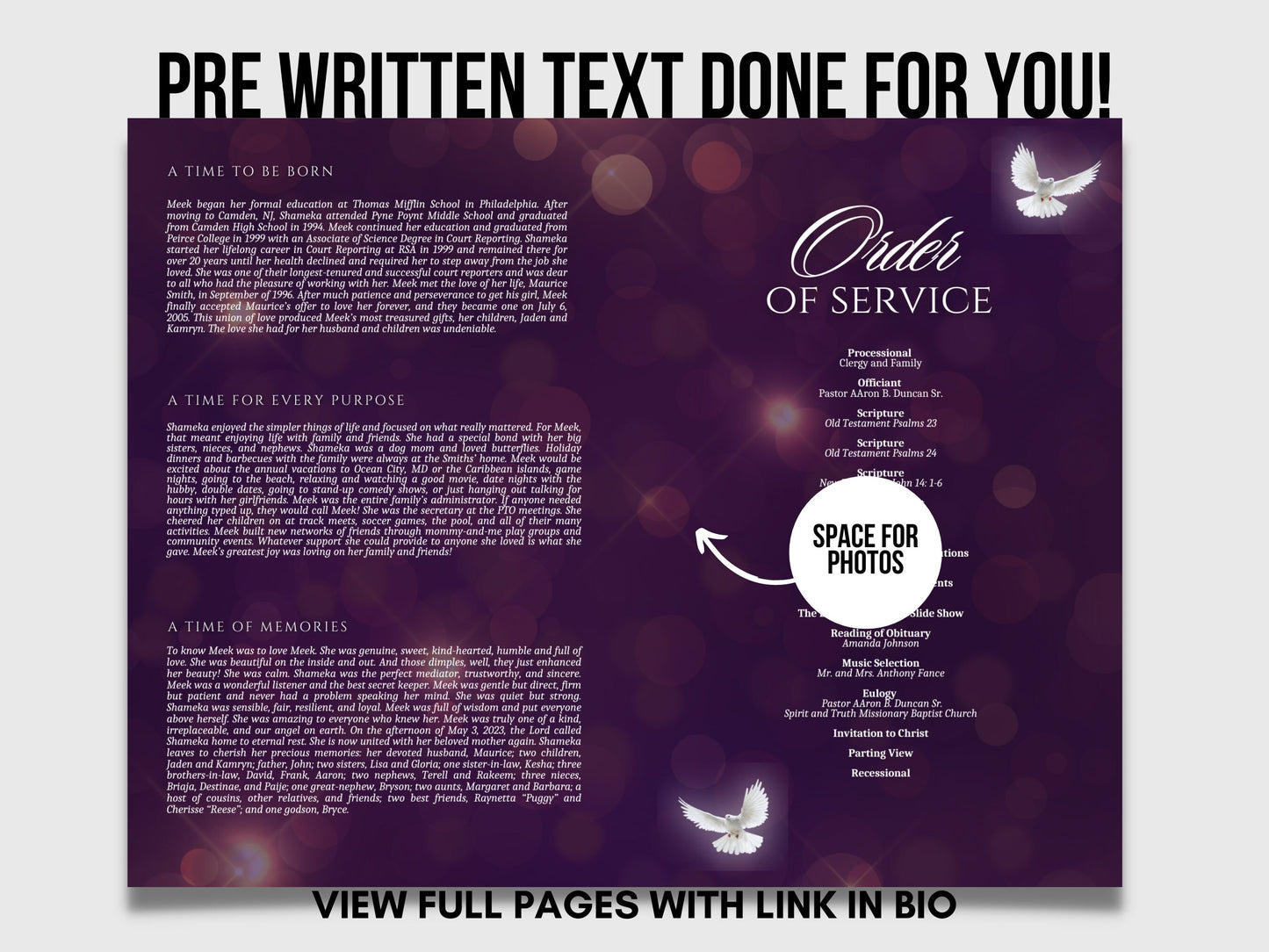 5.5"x8.5" BOOKLET Memorial program (4 pages)| PURPLE Style Funeral Program |Celebration of Life |Keepsake |Digital Download |Canva Template