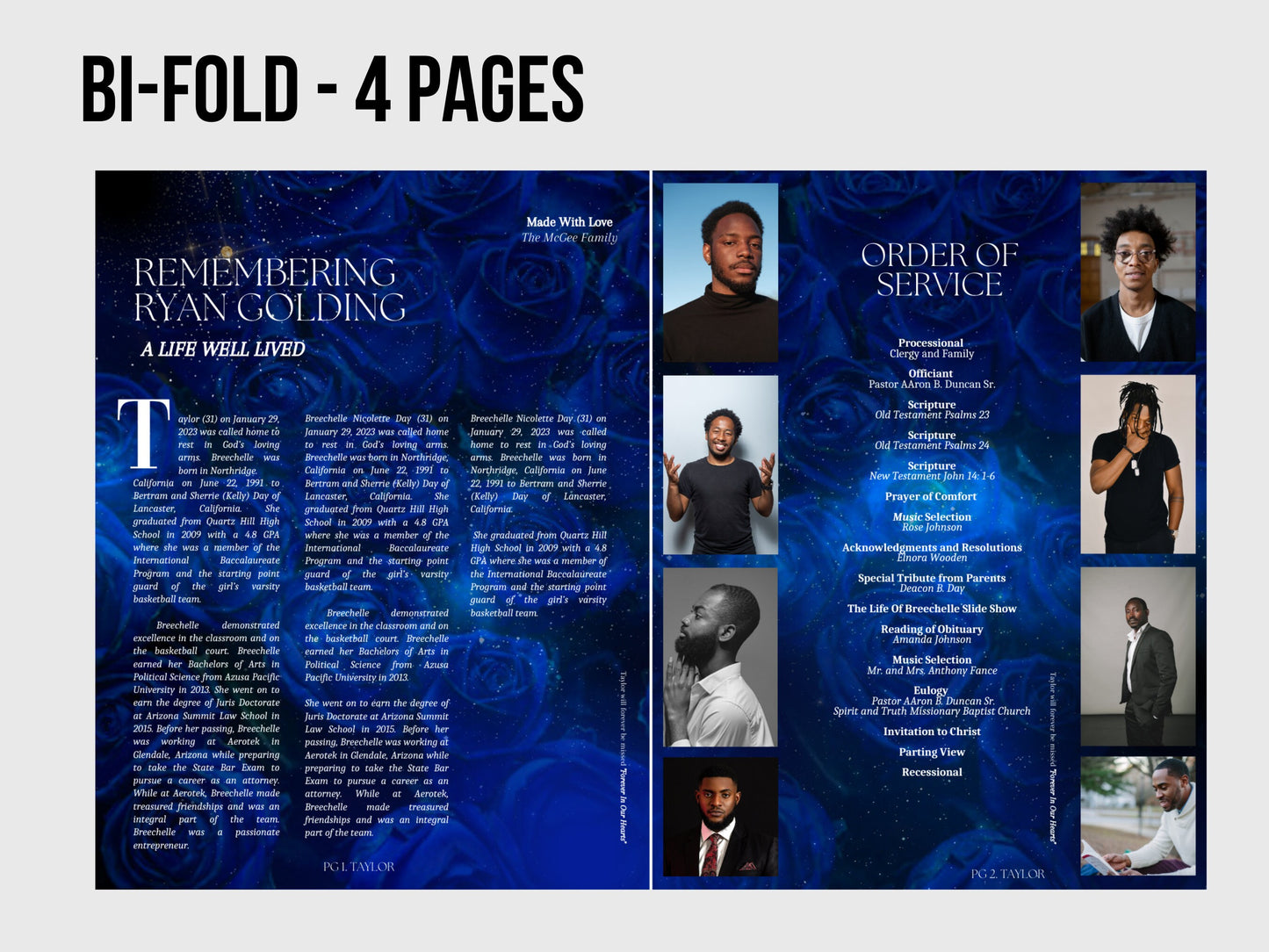 8.5"x11" BOOKLET Memorial program (4 pages)| BLUE GALAXY Style Funeral Program |Celebration of Life |Digital Download |Canva Template