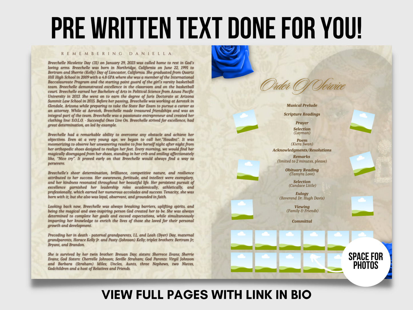 8.5"x11" BOOKLET Memorial program (4 pages)| CREME with pop of BLUE Style Funeral Program |Digital Download |Celebration of life