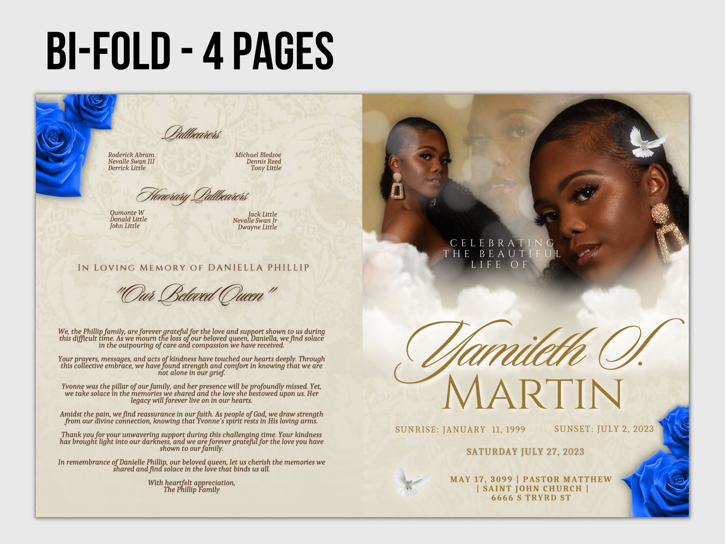8.5"x11" BOOKLET Memorial program (4 pages)| CREME with pop of BLUE Style Funeral Program |Digital Download |Celebration of life