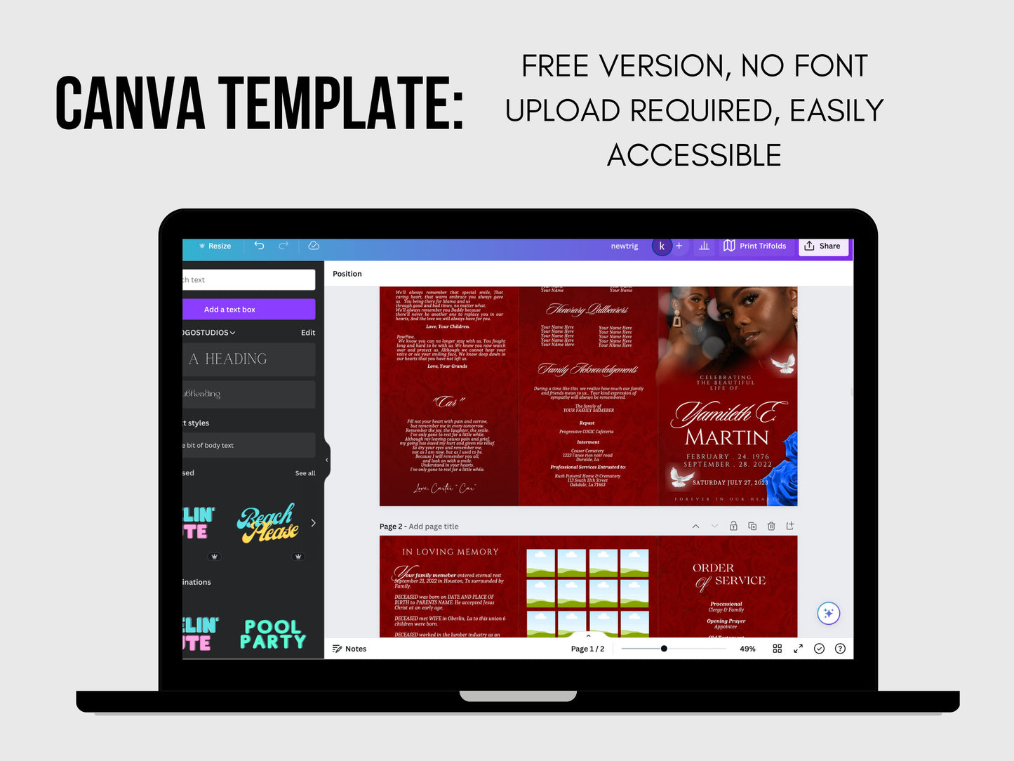 17"x11" FUNERAL OBITUARY TEMPLATE (2 pages) |Elegant Style Funeral Program | Celebration of Life |Keepsake |Digital Download |Canva Template