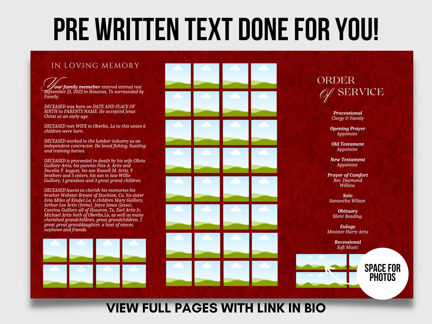 17"x11" FUNERAL OBITUARY TEMPLATE (2 pages) |Elegant Style Funeral Program | Celebration of Life |Keepsake |Digital Download |Canva Template