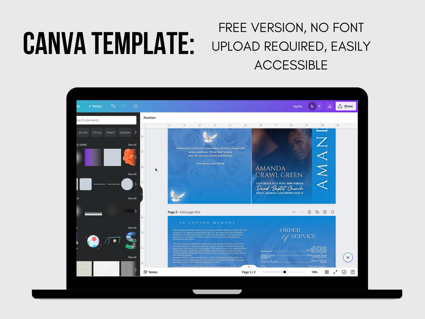 5.5"x8.5" BOOKLET Memorial program(4 pages)| BLUE ROSE Style Funeral Program |Celebration of Life Keepsake |Digital Download |Canva Template