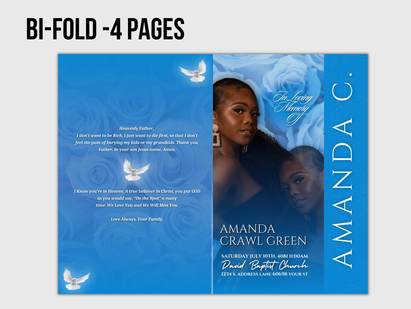 5.5"x8.5" BOOKLET Memorial program(4 pages)| BLUE ROSE Style Funeral Program |Celebration of Life Keepsake |Digital Download |Canva Template