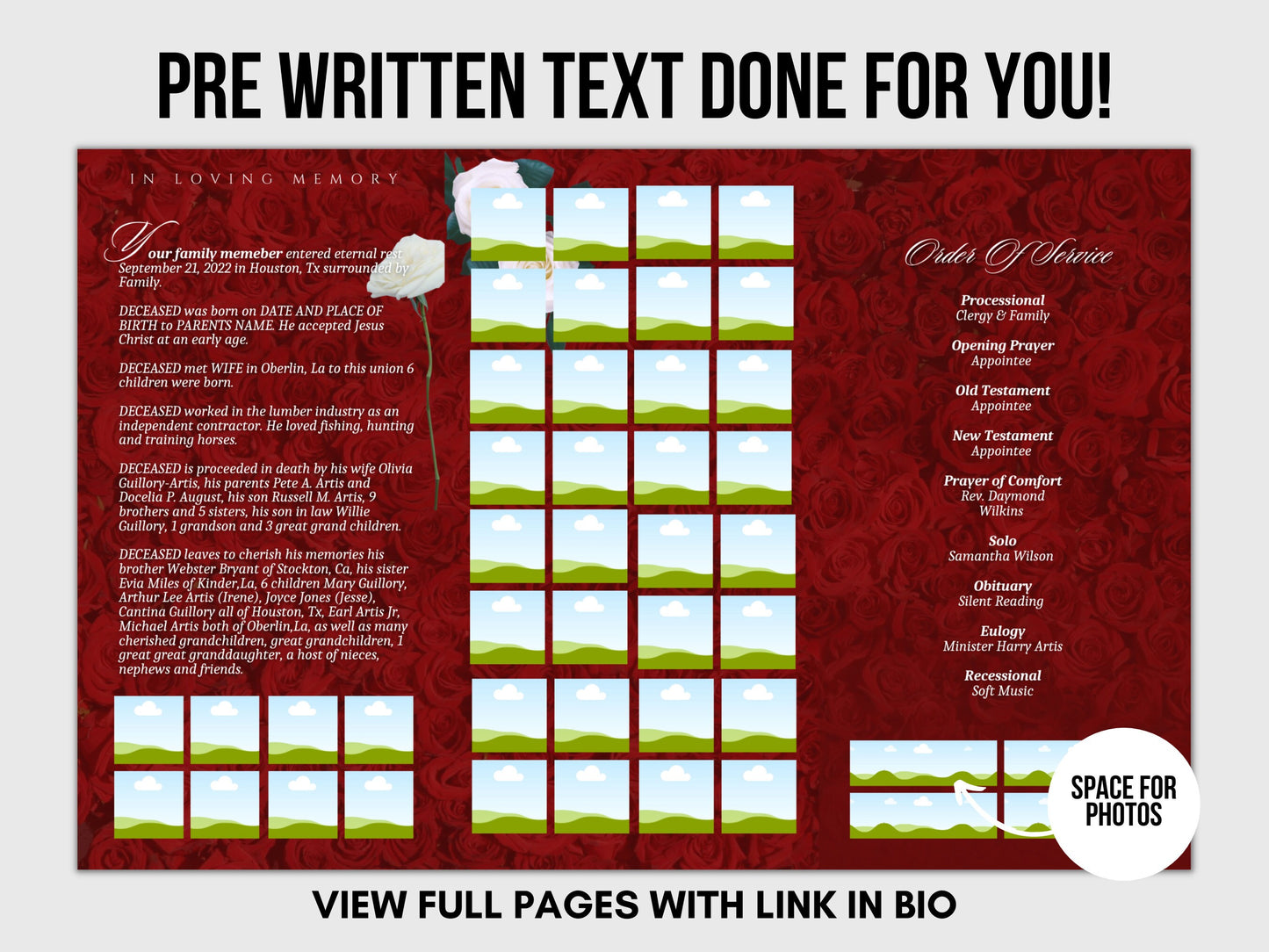 17"x11" FUNERAL OBITUARY TEMPLATE (2 pages) |Elegant Style Funeral Program | Celebration of Life |Women Red Rose Obituary |Canva Template