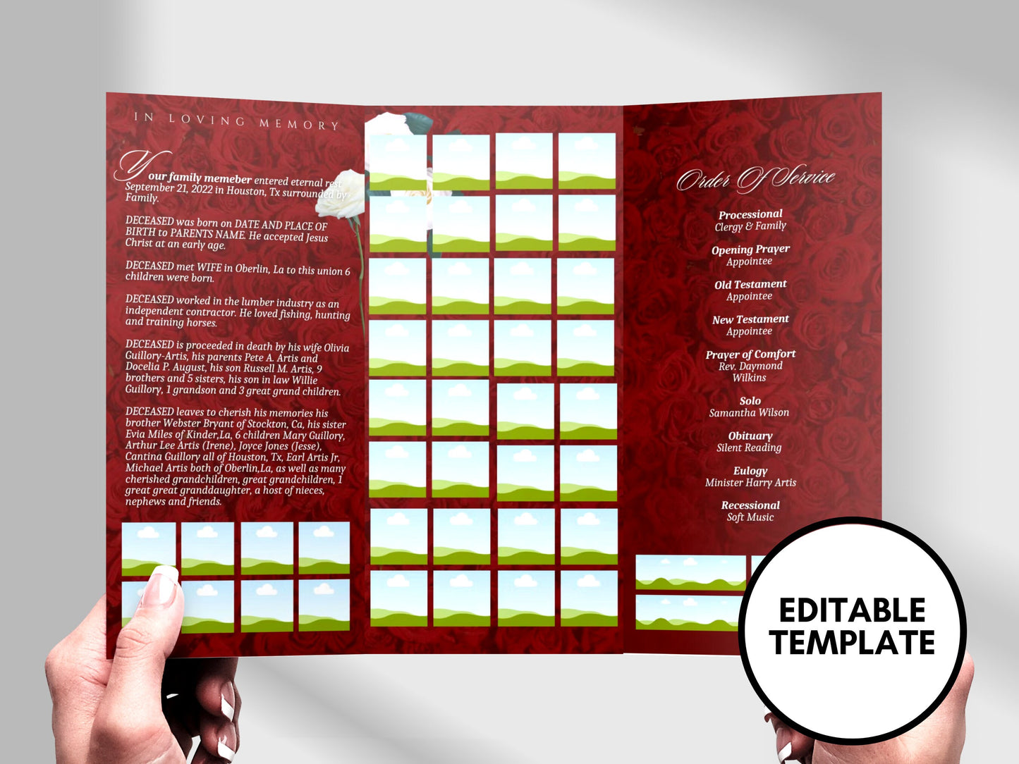 17"x11" FUNERAL OBITUARY TEMPLATE (2 pages) |Elegant Style Funeral Program | Celebration of Life |Women Red Rose Obituary |Canva Template