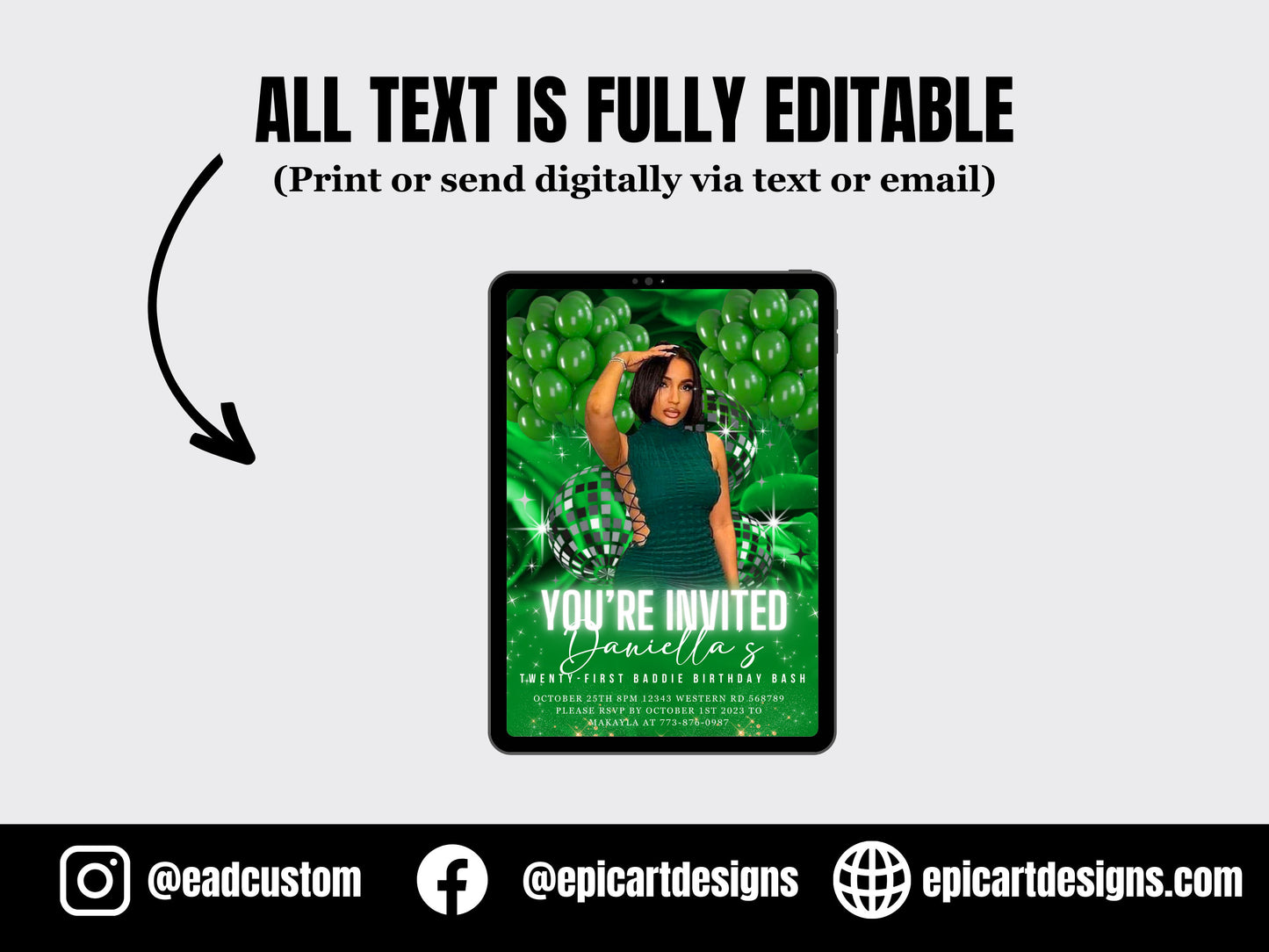 Editable Birthday Invitation Template Green Birthday invite Birthday party Invitation easy editable invite