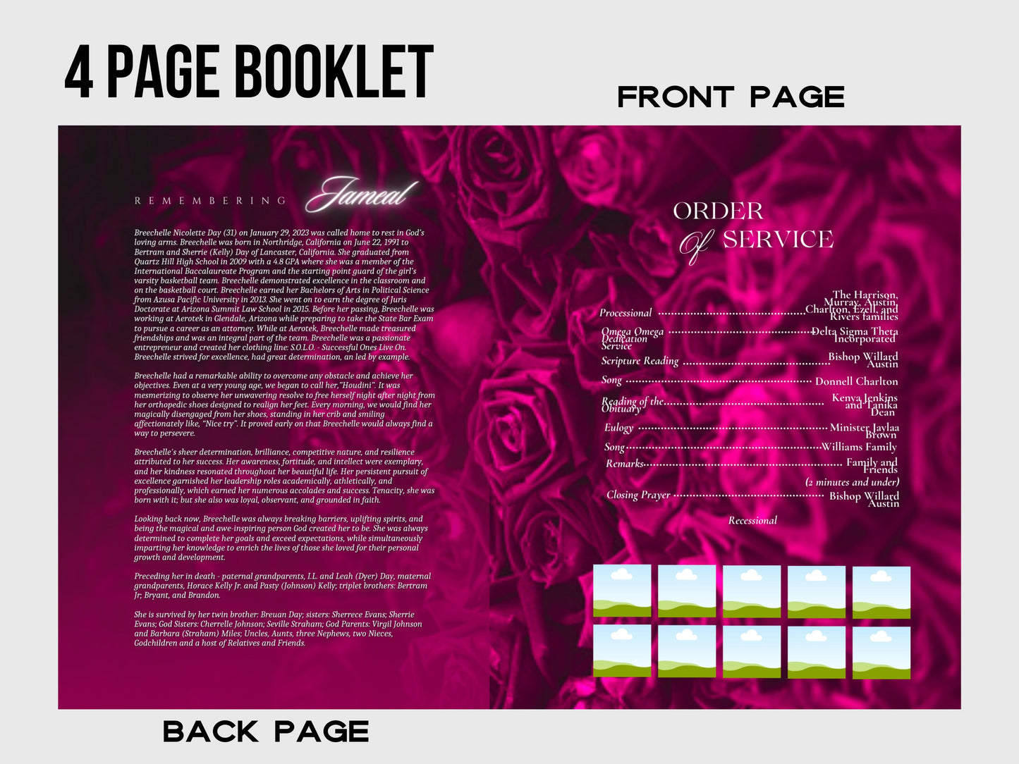 8.5"x 11" PINK Obituary Template (4 pages) |Dark Pink Style Funeral Program | Celebration of Life |Women Pink Rose Obituary |Canva Template