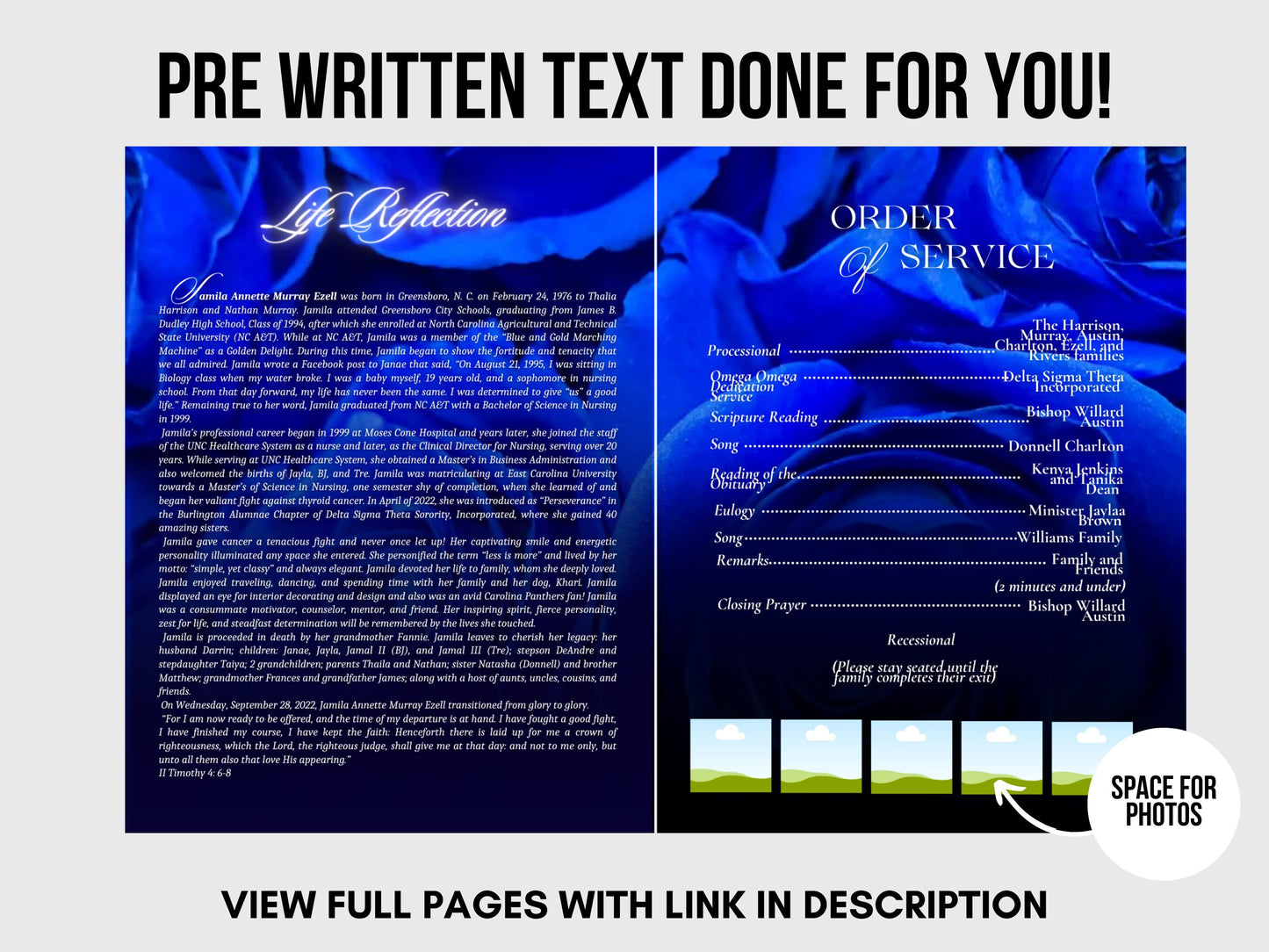 8.5"x 11" BLUE OBITUARY BOOOKLET (4 pages) |Elegant Style Funeral Program | Celebration of Life | Blue Rose Obituary |Canva Template