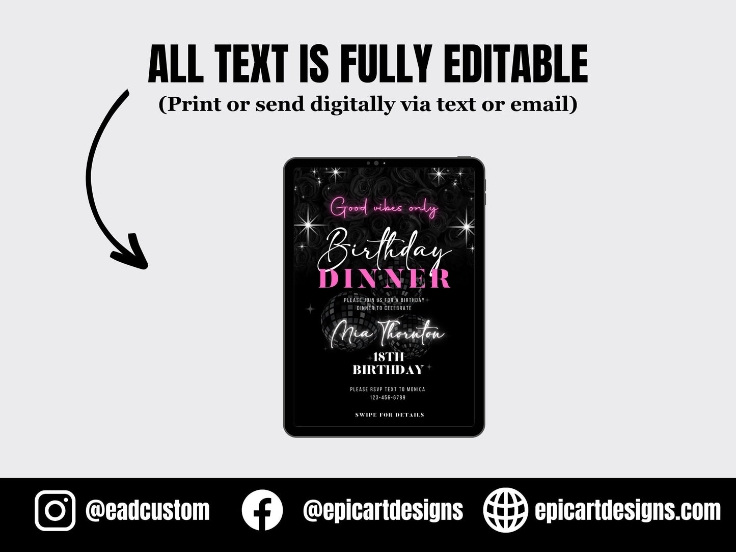 Digital Birthday Dinner invitation, Birthday Dinner, Digital Birthday Party Invite, Editable Template, Text, Birthday Party, text Invite