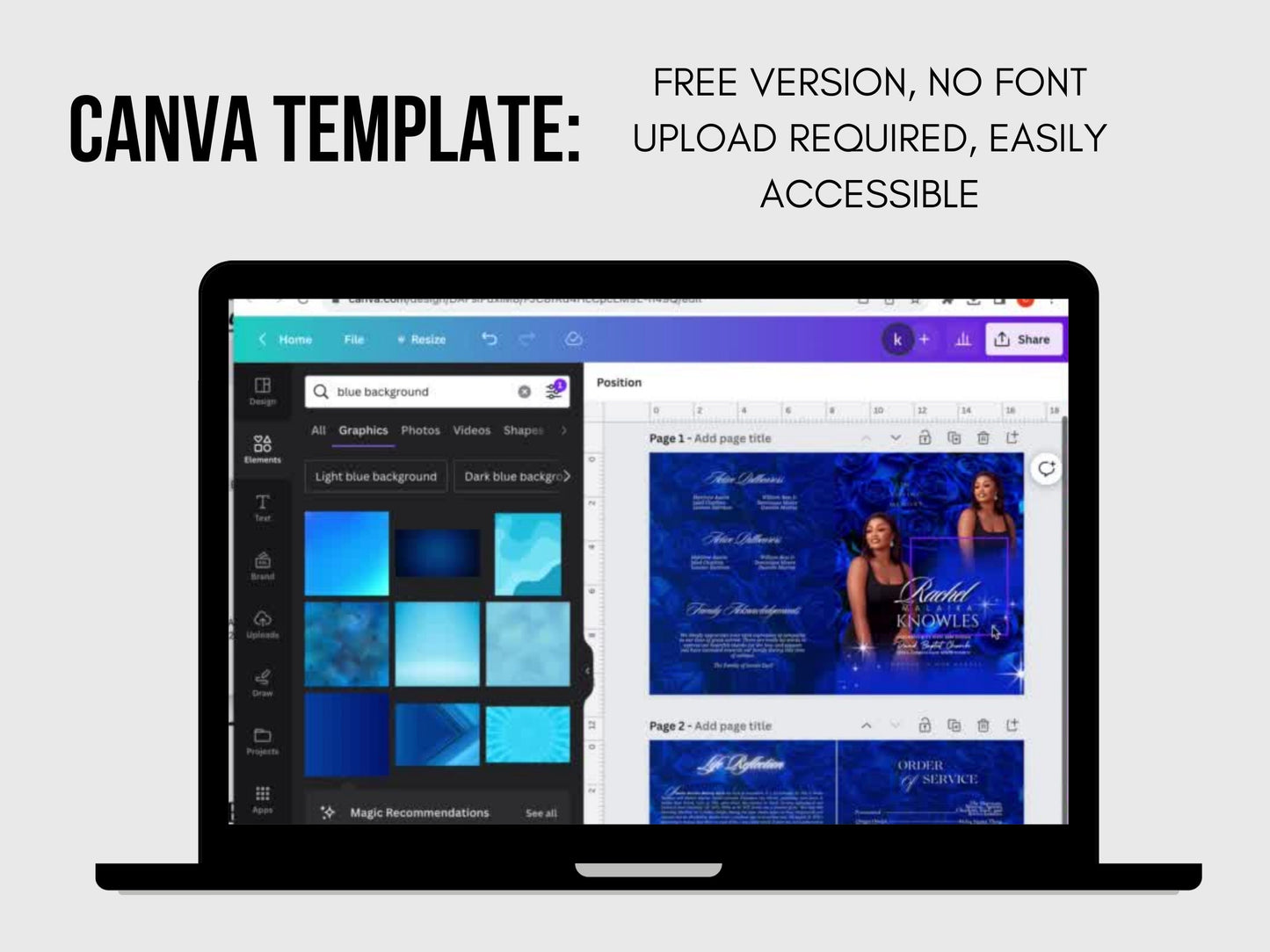 8.5"x11" BOOKLET Memorial program (4 pages) | Blue Sparkle Funeral Program |Celebration of Life |Keepsake |Digital Download |Canva Template