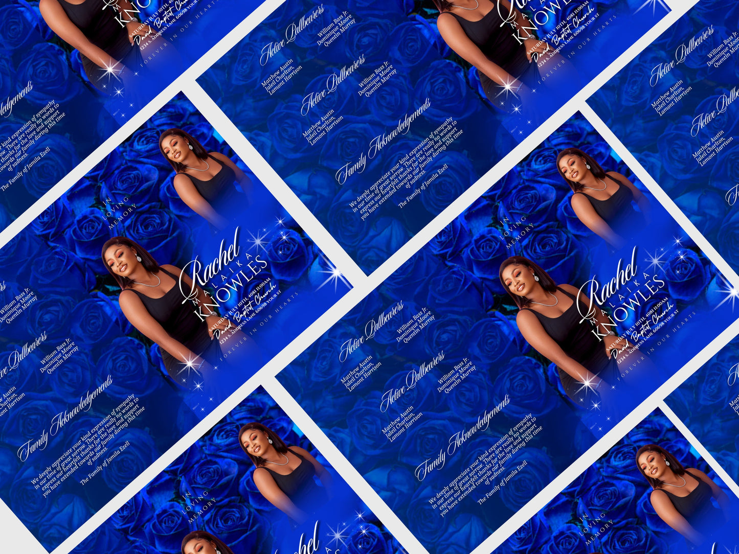 8.5"x11" BOOKLET Memorial program (4 pages) | Blue Sparkle Funeral Program |Celebration of Life |Keepsake |Digital Download |Canva Template