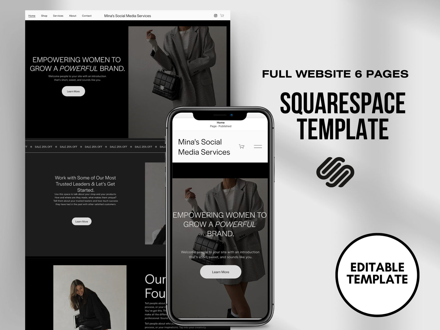 Black MINAMALIST Aesthetic Squarespace Website Template, Website Template Squarespace,D.I.Y Website Design,Squarespace Template Editable