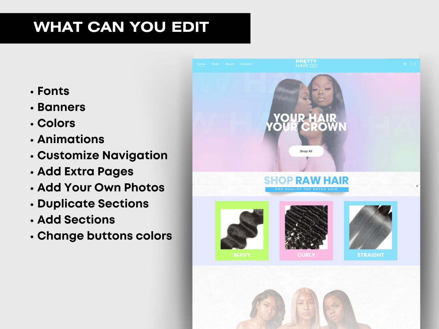 VIBRANT Blue & Pink Hair Bundles Squarespace Website Template, Customizable Website Template Squarespace, D.I.Y Website, Squarespace Design