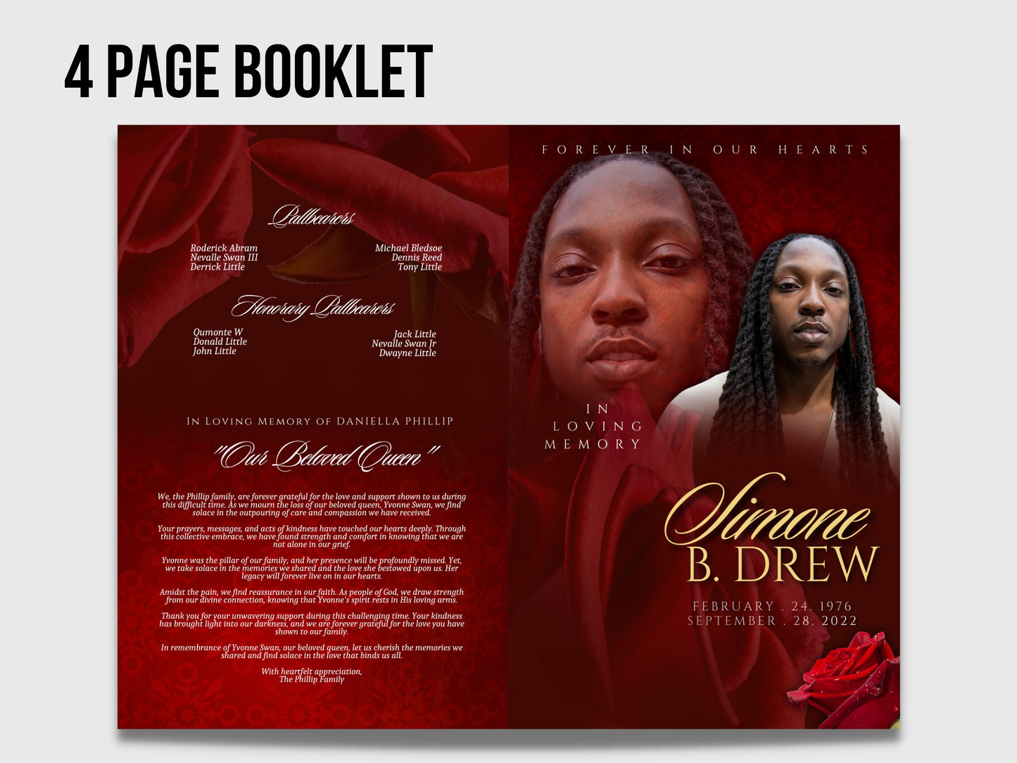 5.5"x8.5" BOOKLET Memorial program (4 pages)| Red Style Funeral Program |Celebration of Life |Keepsake |Digital Download |Canva Template