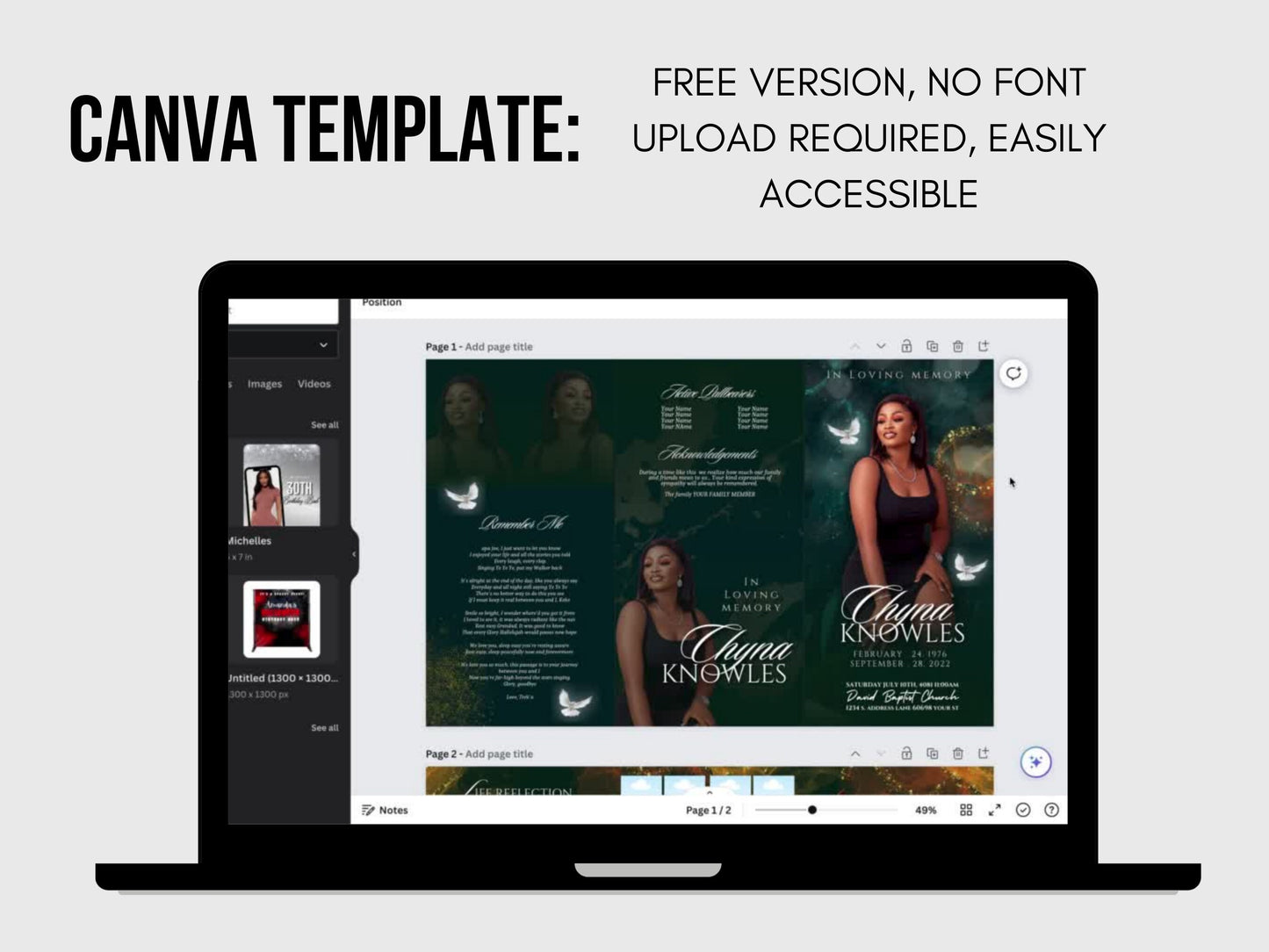 17"x11" FUNERAL PHAMPLET (2 pages) |Emerald Green | In Loving Memory |Classy Obituary | Editable Canva Template