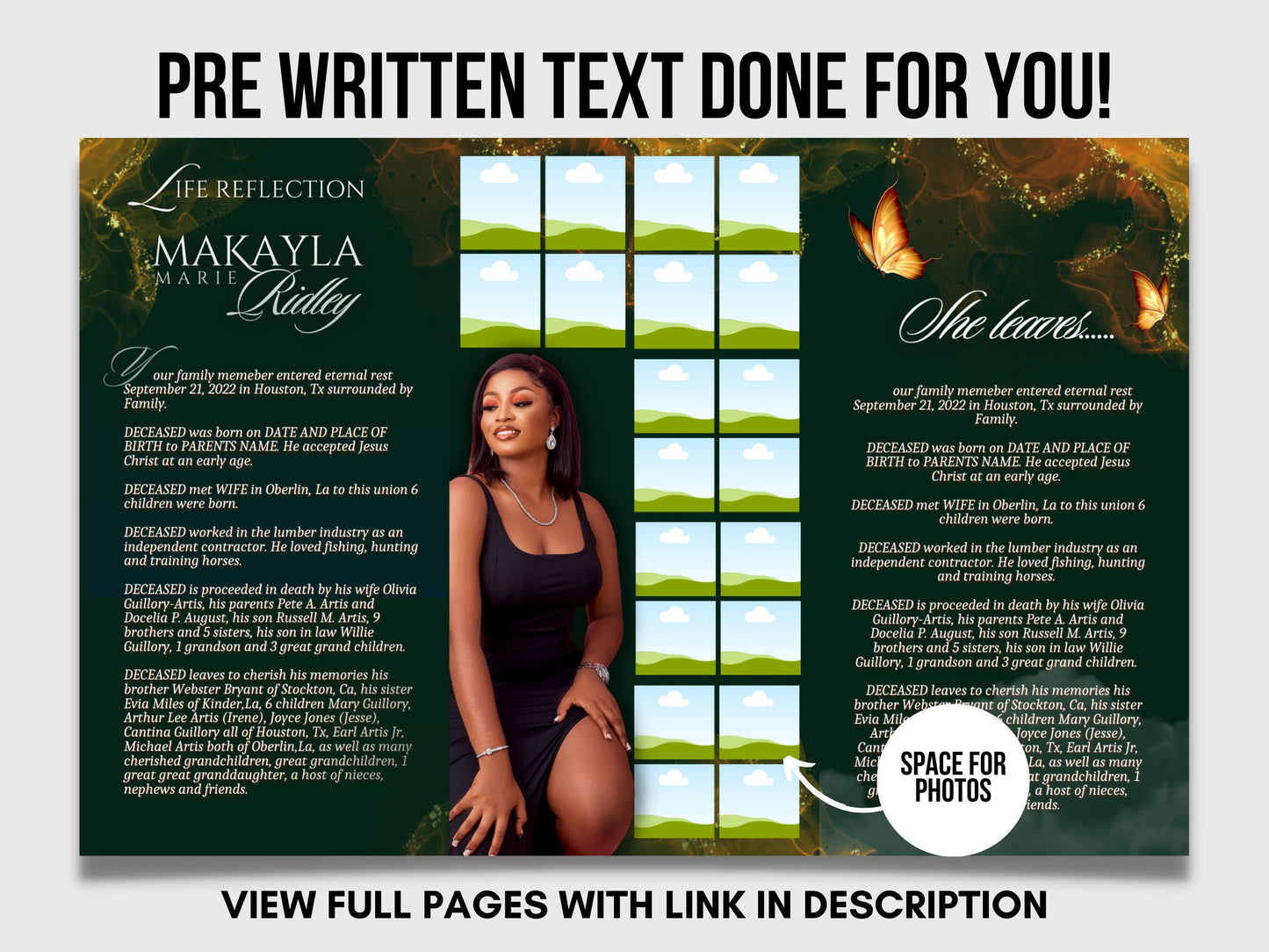 17"x11" FUNERAL PHAMPLET (2 pages) |Emerald Green | In Loving Memory |Classy Obituary | Editable Canva Template