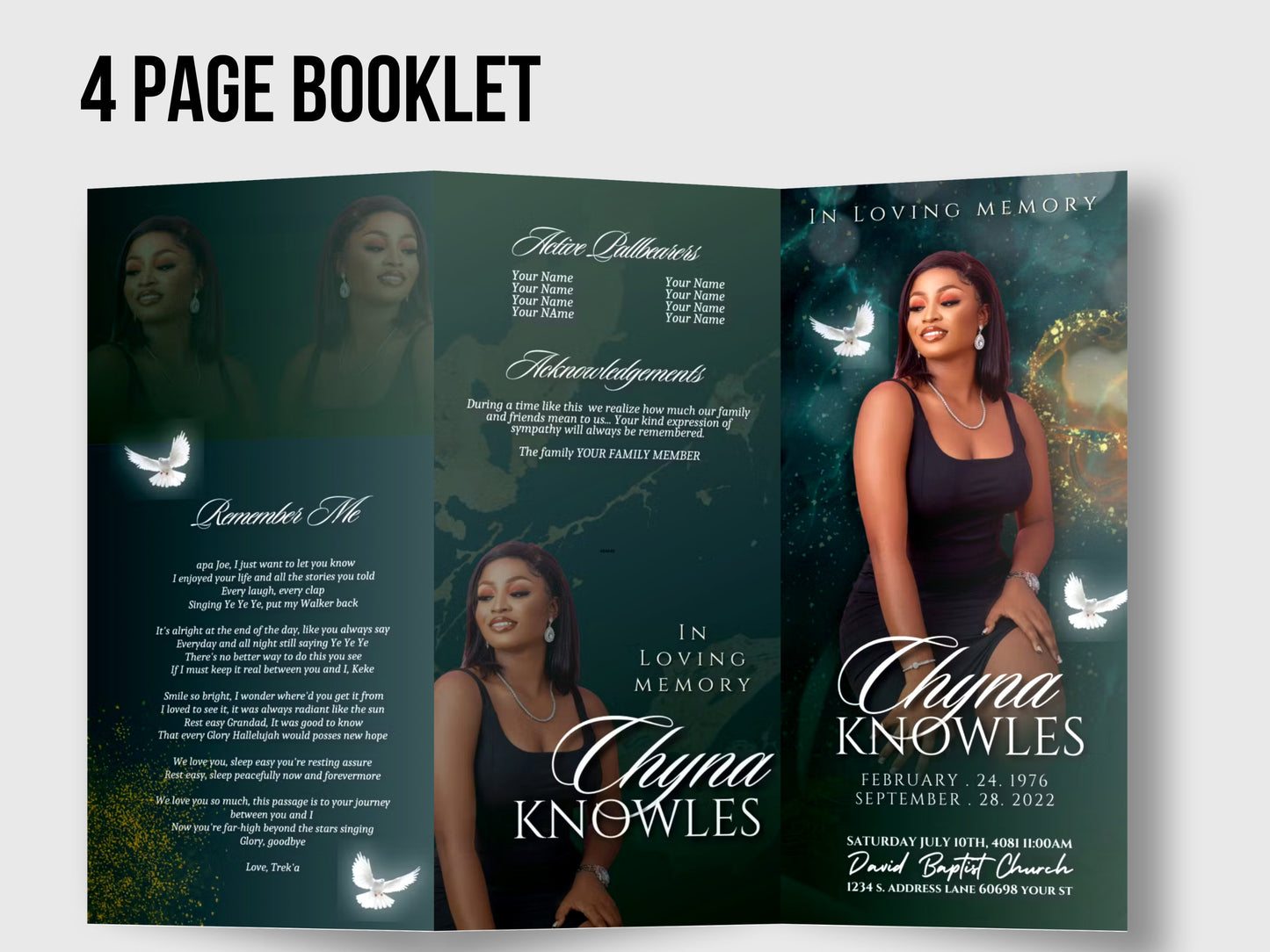 17"x11" FUNERAL PHAMPLET (2 pages) |Emerald Green | In Loving Memory |Classy Obituary | Editable Canva Template