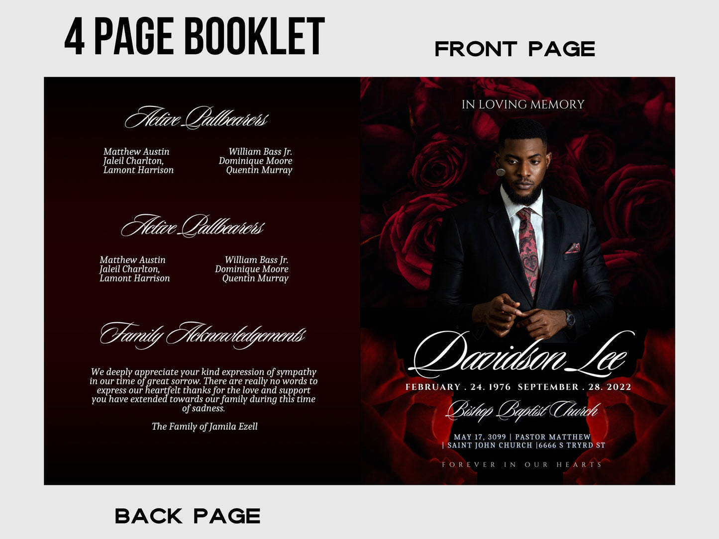 8.5"x11" BOOKLET Memorial program (8 pages) |RED ROSE Style Funeral Program |Celebration of Life |Keepsake |Digital Download |Canva Template