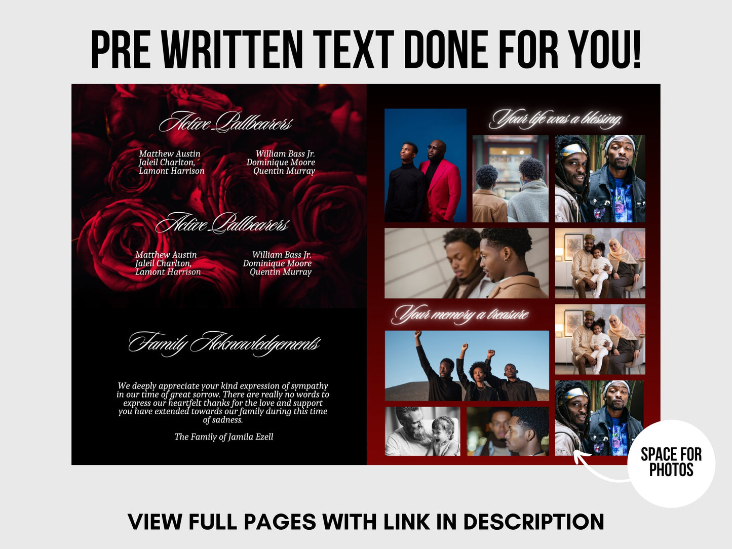 8.5"x11" BOOKLET Memorial program (8 pages) |RED ROSE Style Funeral Program |Celebration of Life |Keepsake |Digital Download |Canva Template