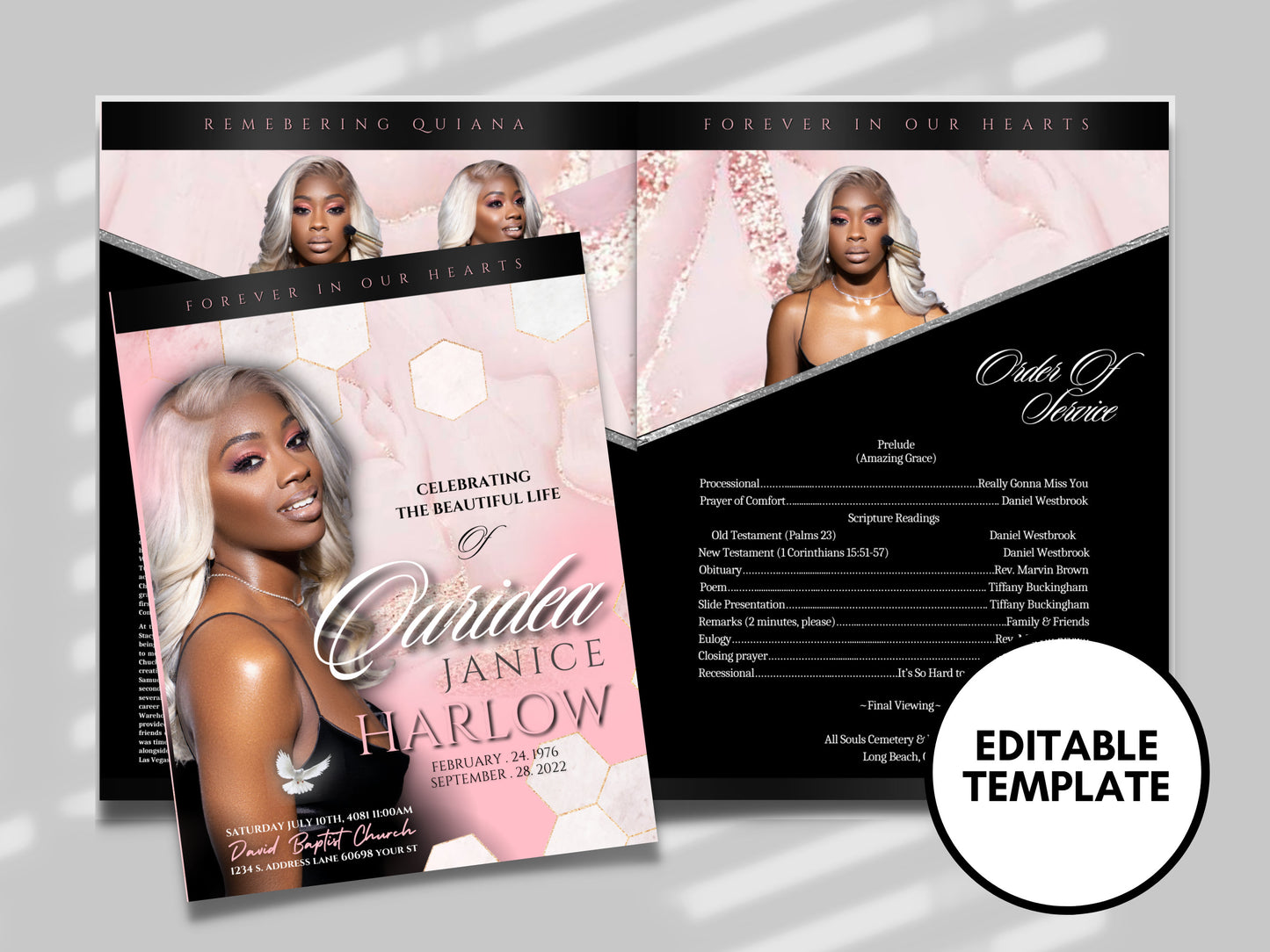 8.5"x 11" PINK And BLACK Dramatic Obituary Template (4 pages) In loving memory Pink Style Funeral Program | Celebration of Life | Canva