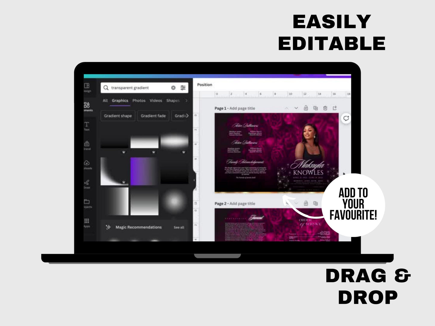 8.5"x 11" PINK Obituary Template (4 pages) |Dark Pink Style Funeral Program | Celebration of Life |Women Pink Rose Obituary |Canva Template