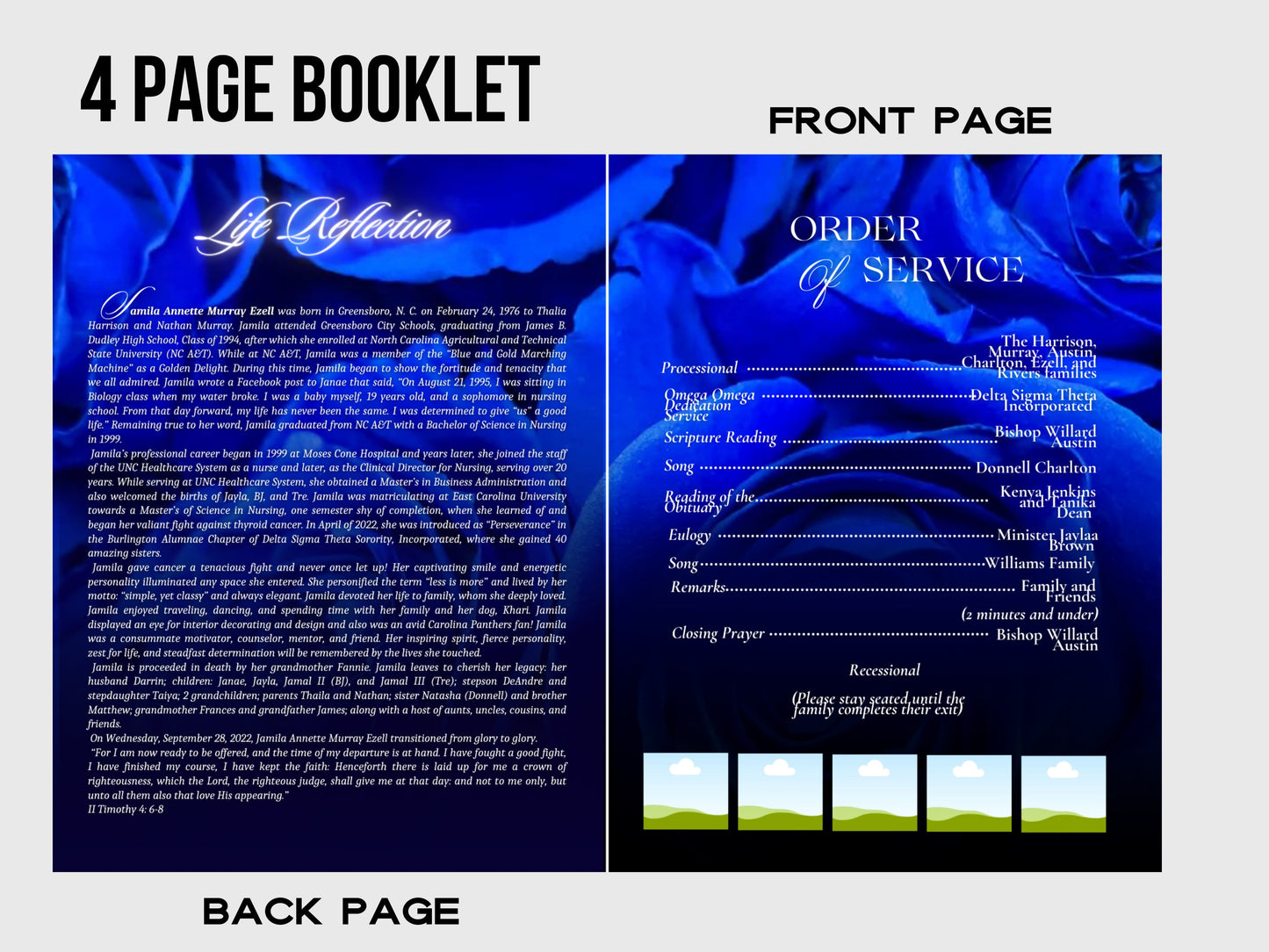 8.5"x 11" BLUE OBITUARY BOOOKLET (4 pages) |Elegant Style Funeral Program | Celebration of Life | Blue Rose Obituary |Canva Template