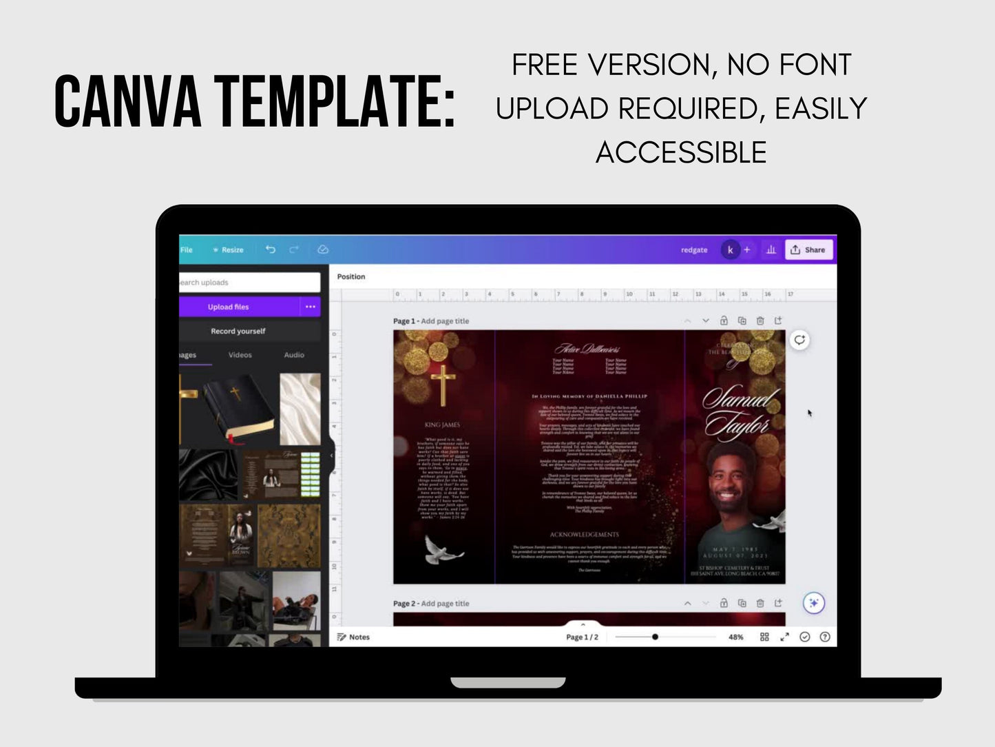 RED GATEFOLD Memorial program| Red And Gold Custom Funeral Program |Celebration of Life |Keepsake |Digital Download |Canva Template