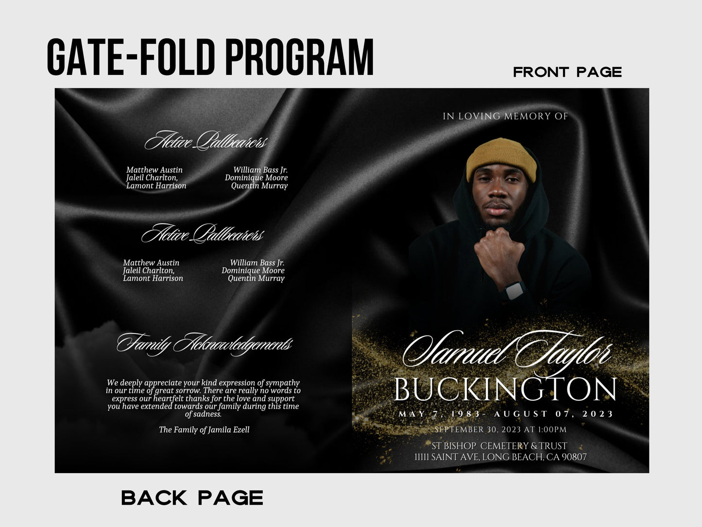 8.5"x11" BOOKLET Memorial program (8 pages)|Black Gold Style Funeral Program |Celebration of Life |Keepsake Digital Download |Canva Template
