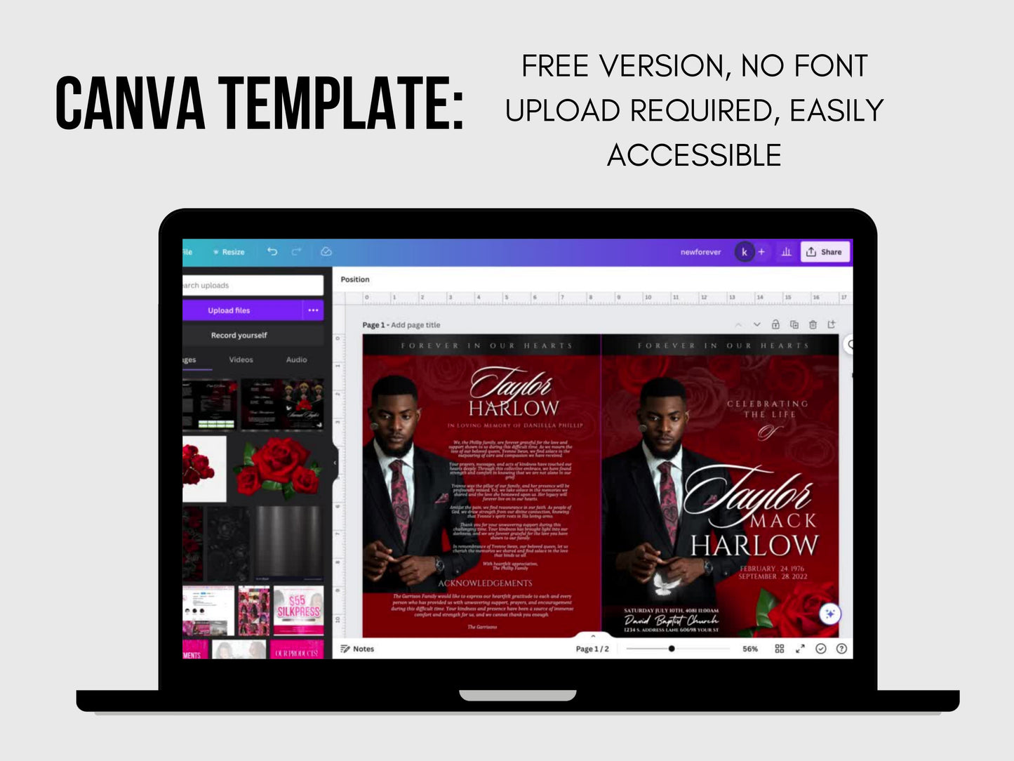8.5"x 11" RED AND SILVER Dramatic Obituary Template (4 pages) In loving memory Red Rose Style Funeral Program |Celebration of Life | Canva