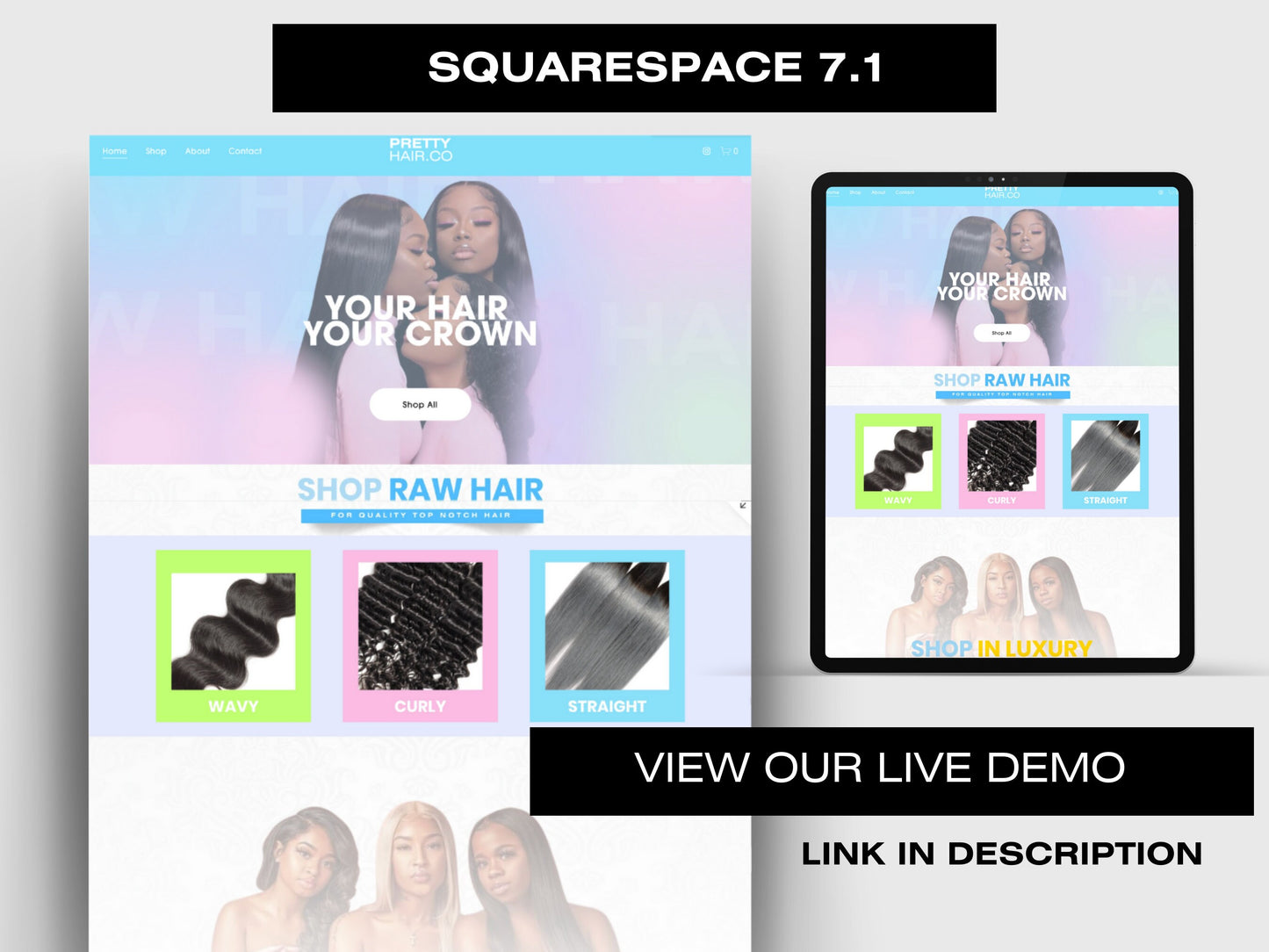 VIBRANT Blue & Pink Hair Bundles Squarespace Website Template, Customizable Website Template Squarespace, D.I.Y Website, Squarespace Design
