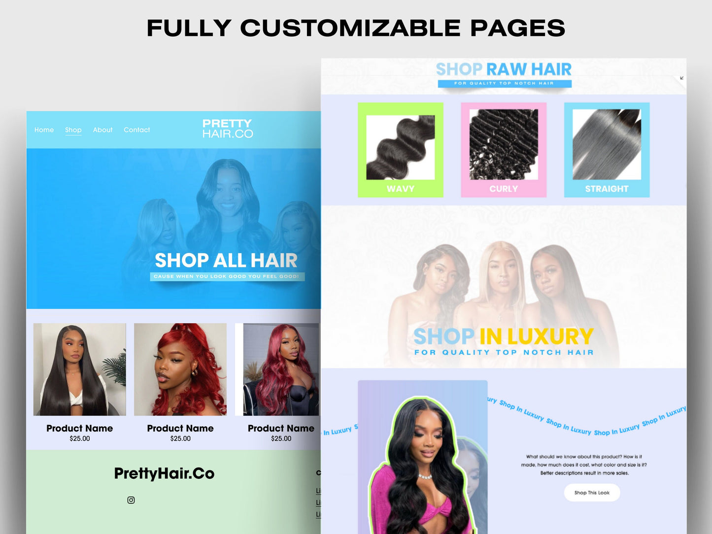 VIBRANT Blue & Pink Hair Bundles Squarespace Website Template, Customizable Website Template Squarespace, D.I.Y Website, Squarespace Design