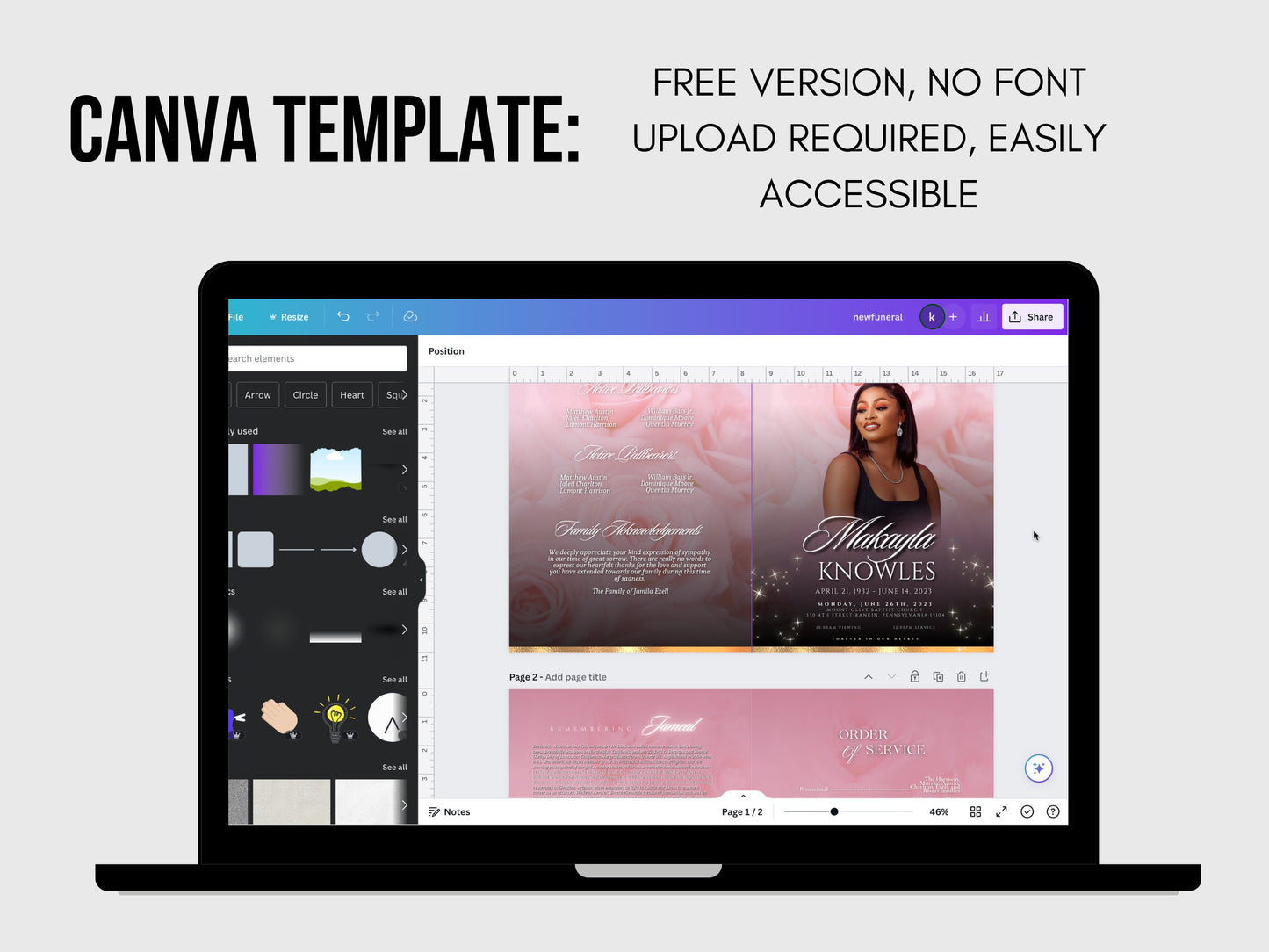 8.5"x 11" LIGHT PINK Obituary Template (4 pages) Pink Style Funeral Program | Celebration of Life |Women Pink Rose Obituary |Canva Template