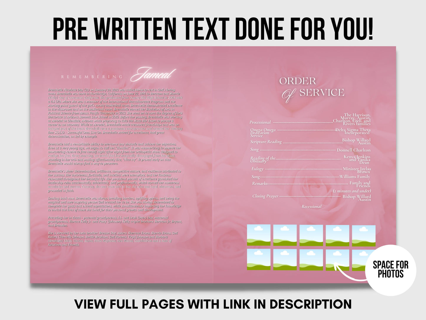 8.5"x 11" LIGHT PINK Obituary Template (4 pages) Pink Style Funeral Program | Celebration of Life |Women Pink Rose Obituary |Canva Template